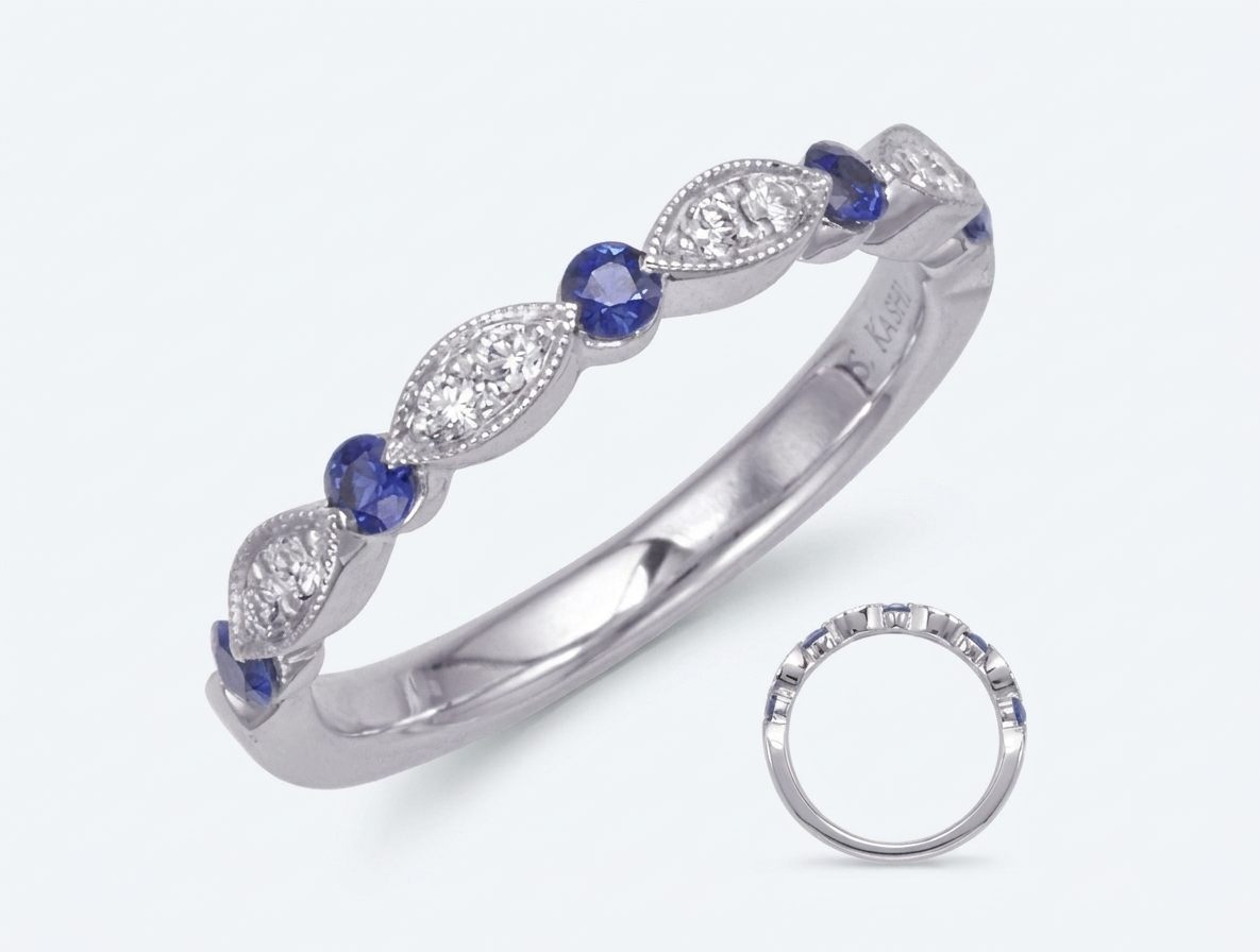 14K White Gold Ring, set with 4 Round Blue Sapphires (0.28ct, Eye Clean) and Multiple Round Diamonds (0.10ct, G, SI1)