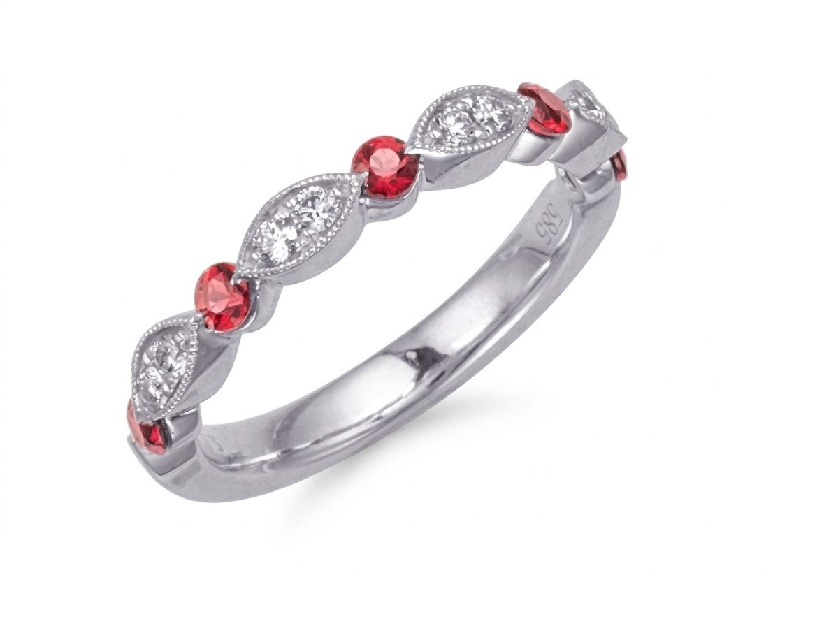 14K White Gold Women's Ring, set with 5 Round Ruby (0.40ct total, Red, Eye Clean) and 8 Round Diamond (0.15ct total, G, SI1) stones.