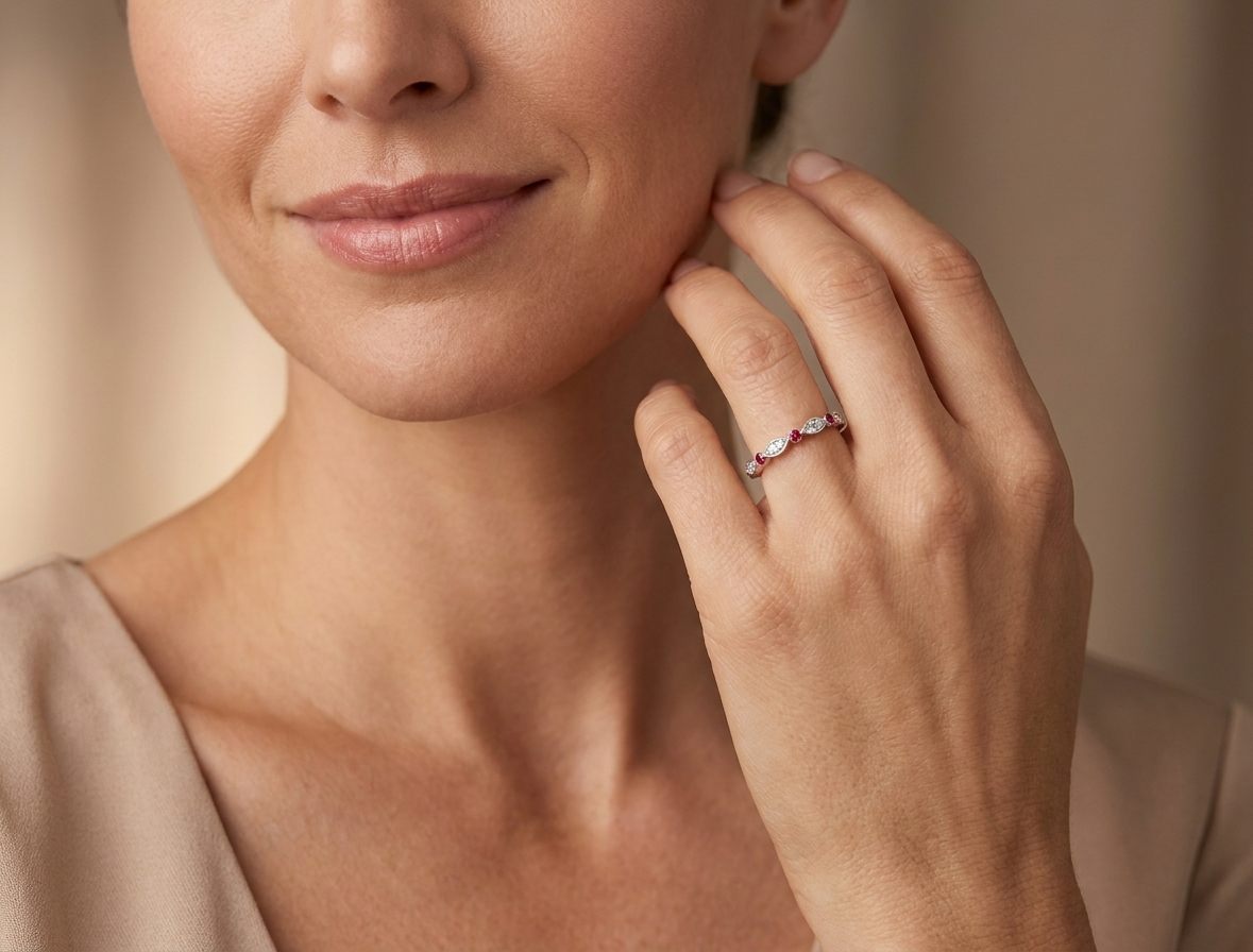 14K White Gold Women's Ring, set with 5 Round Ruby (0.40ct total, Red, Eye Clean) and 8 Round Diamond (0.15ct total, G, SI1) stones.