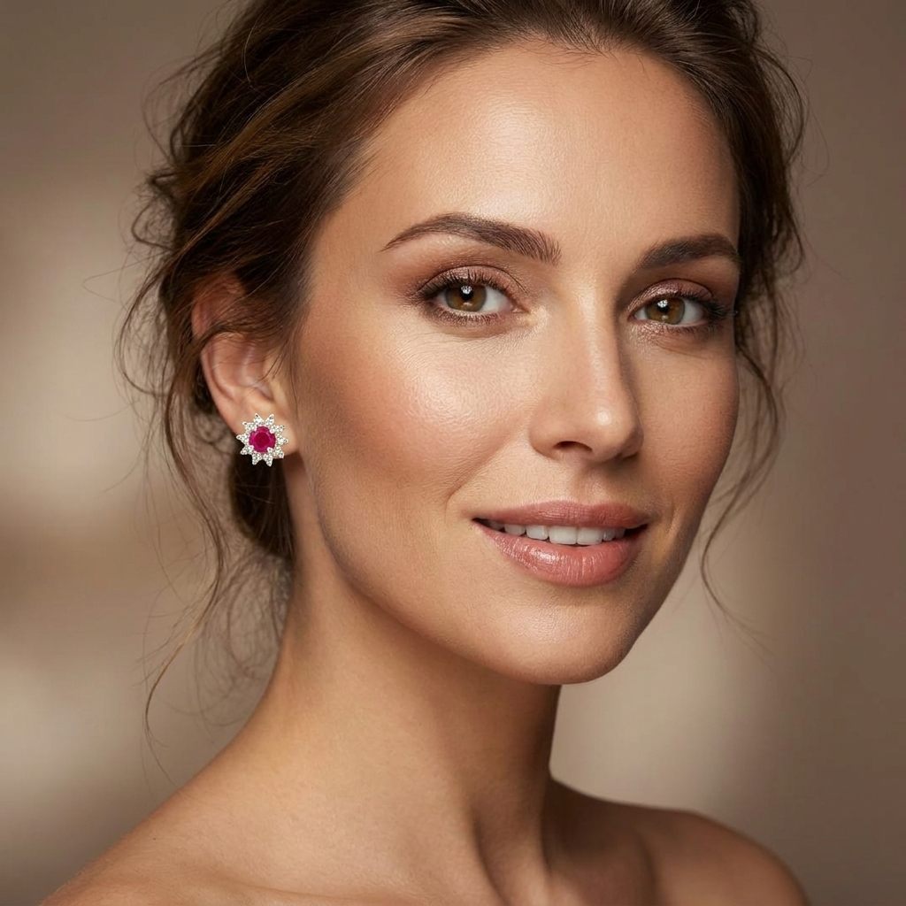 Natural Ruby with Natural Diamonds (0.10CT) Earrings, 14K Yellow Gold