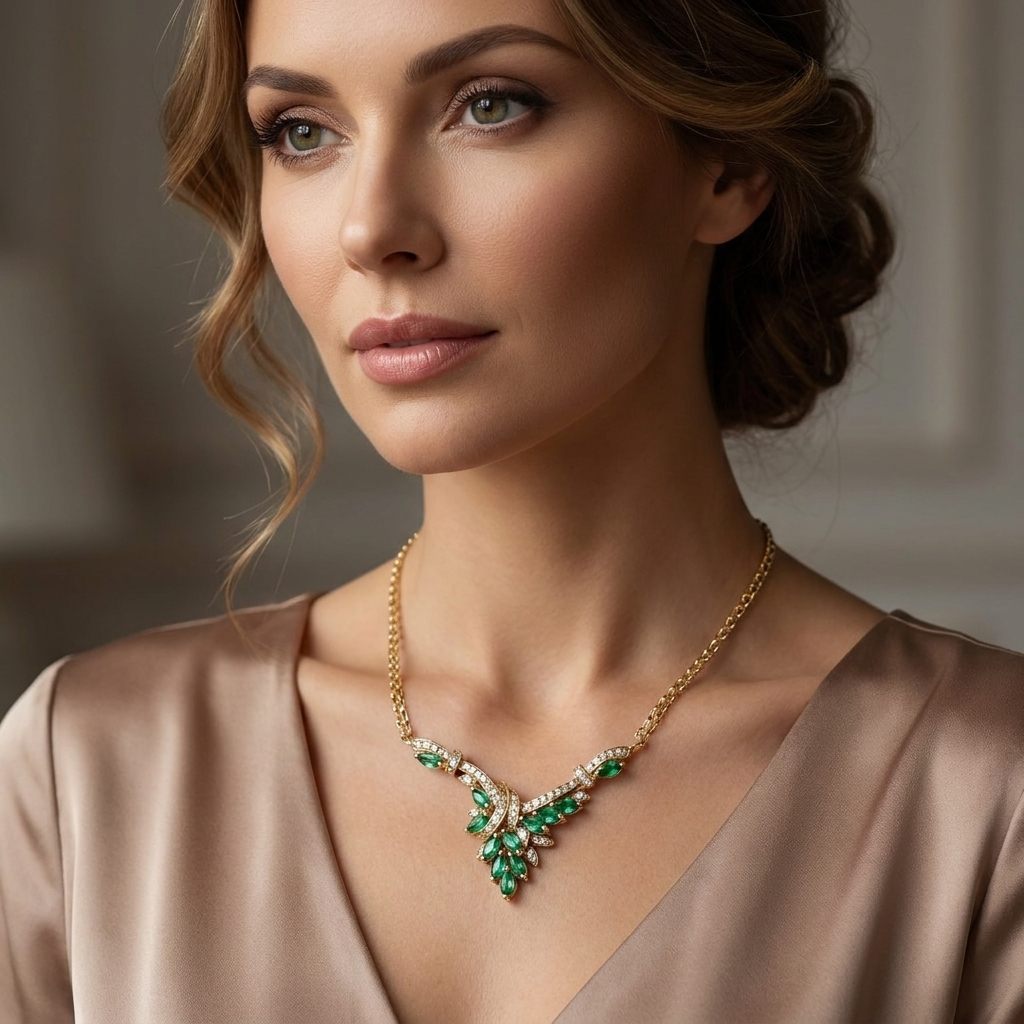 Female Necklace, 14K Yellow Gold featuring marquise-cut Emeralds (1.2ct, Eye Clean) and round Diamonds (0.15ct, G SI1) in a leaf motif.