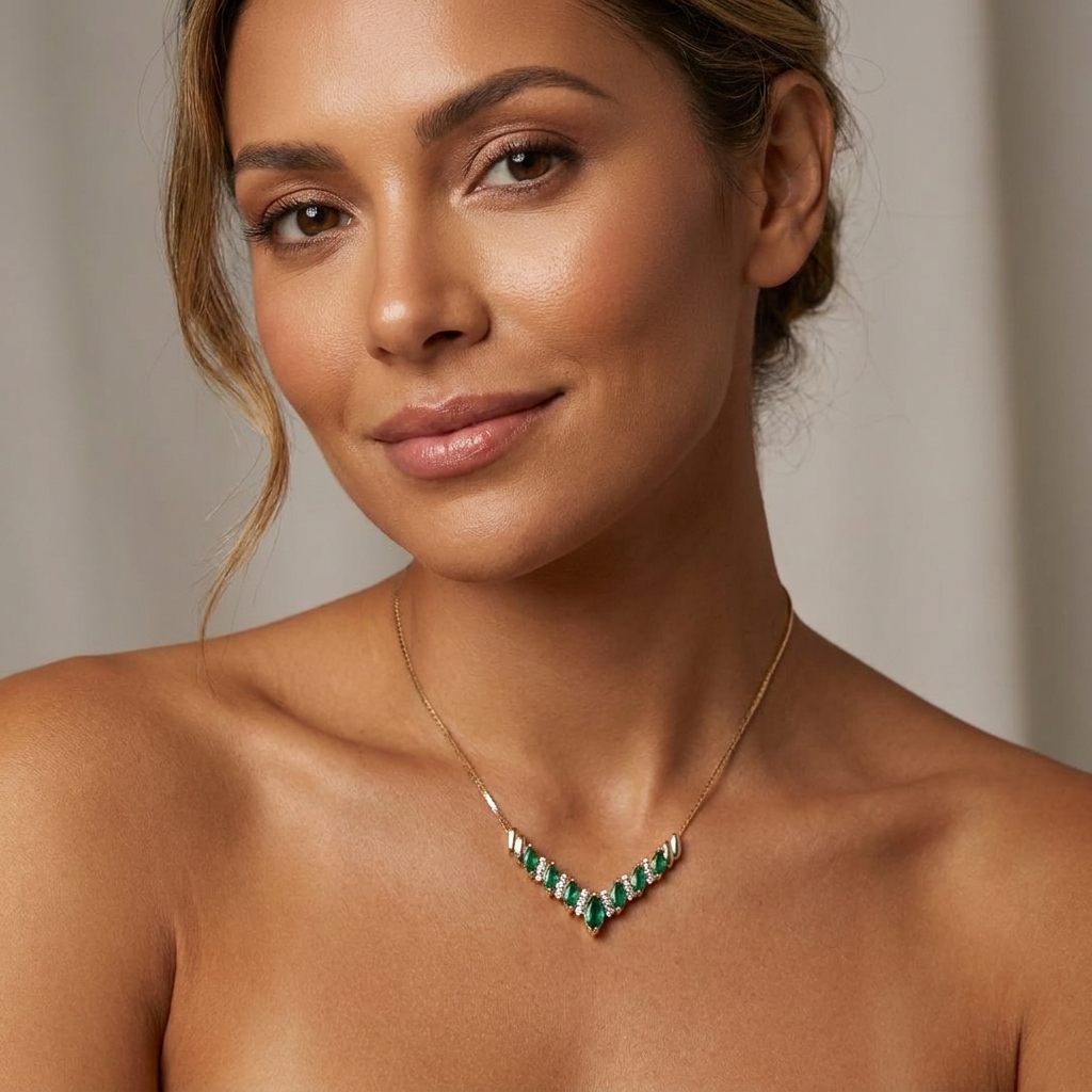Yellow Gold Necklace, set with multiple Emeralds and small Diamonds, female style.