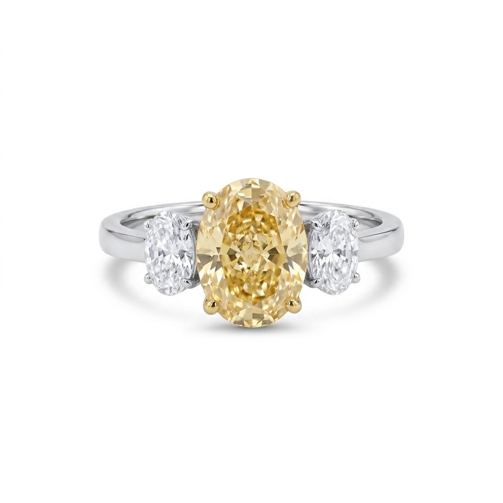 18K Dual White/Yellow Gold Ring, set with 1 Oval Fancy Intense Yellow Lab Grown Diamond (2.51ct, VS1) and 2 Oval D Colorless Lab Grown Diamonds (0.64ct total, VVS1), 3.1g.