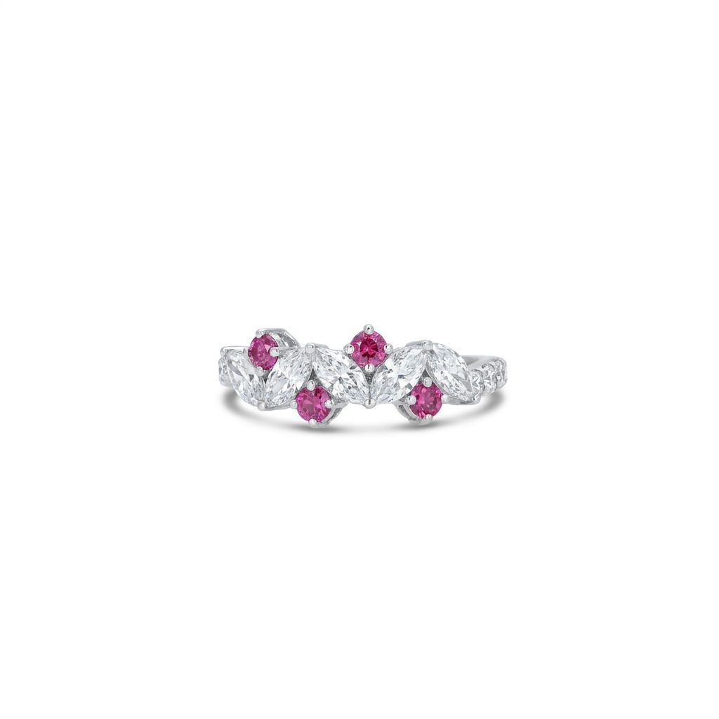 18K White Gold Ring, set with 5 Marquise Lab Grown Diamonds (0.69ct, D, VVS1), 8 Round Diamonds (0.33ct, E, VVS1), and 4 Round Fancy Pink Rubies (0.34ct), 2.51g.