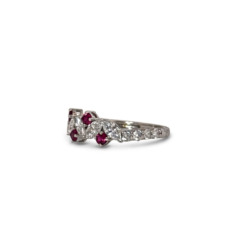 18K White Gold Ring, set with 5 Marquise Lab Grown Diamonds (0.69ct, D, VVS1), 8 Round Diamonds (0.33ct, E, VVS1), and 4 Round Fancy Pink Rubies (0.34ct), 2.51g.