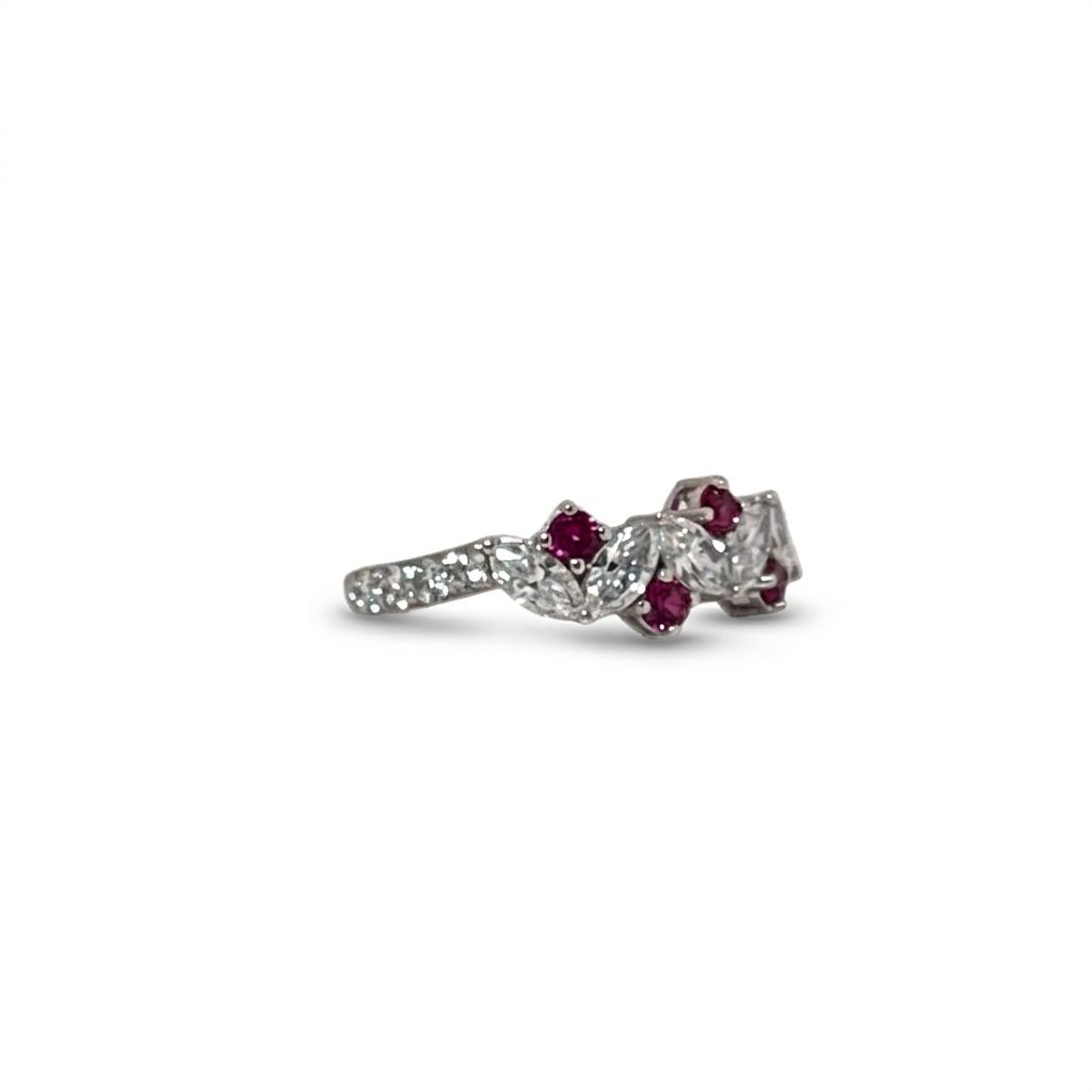 18K White Gold Ring, set with 5 Marquise Lab Grown Diamonds (0.69ct, D, VVS1), 8 Round Diamonds (0.33ct, E, VVS1), and 4 Round Fancy Pink Rubies (0.34ct), 2.51g.