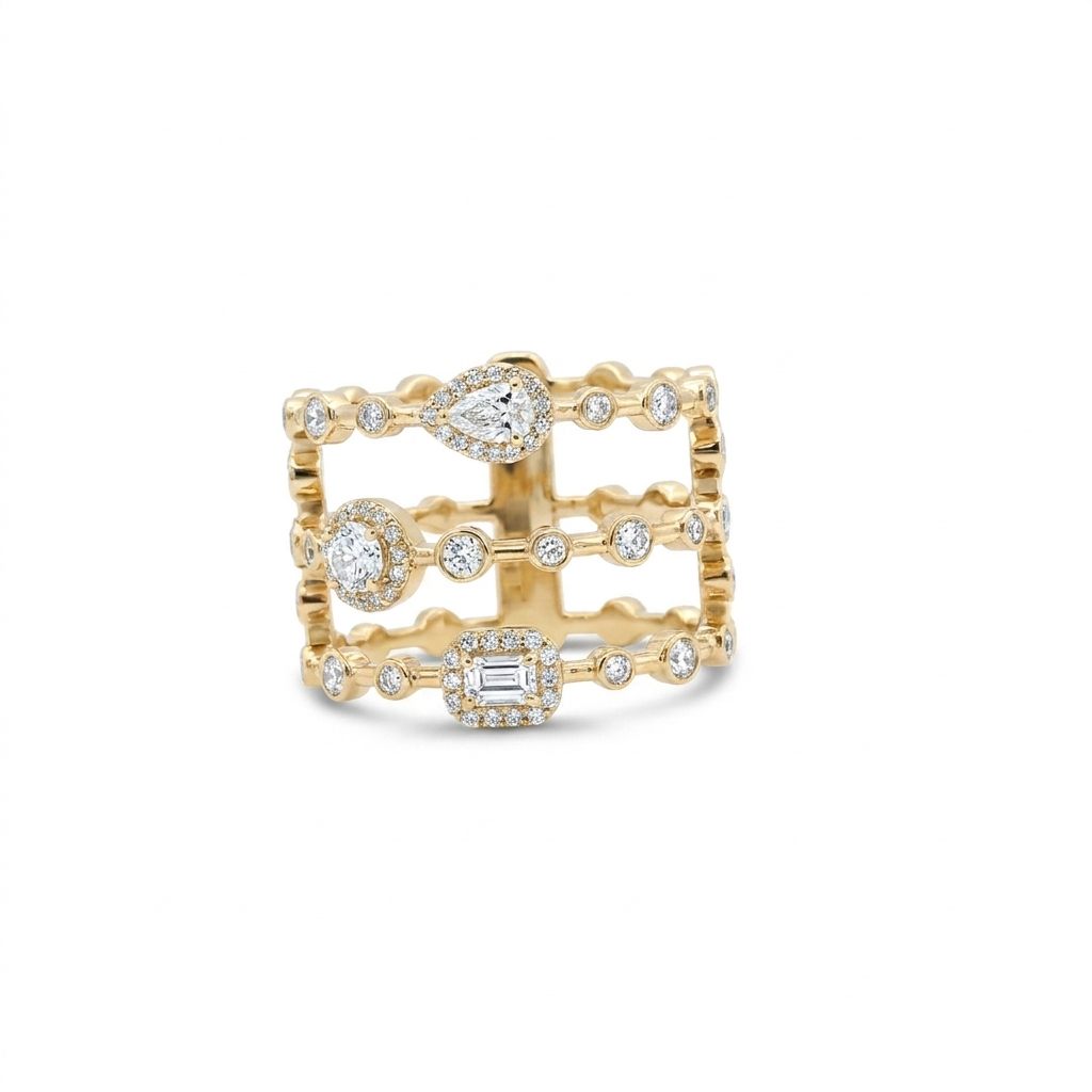 14K Yellow Gold Women's Ring, set with lab grown diamonds 1 Pear (0.13ct, D, VVS1), 1 Round (E, VVS1), 1 Emerald (E, VVS1), plus 82 Round diamonds (1.08ct, E, VVS1), 5.25g.