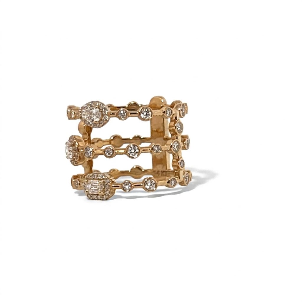 14K Yellow Gold Women's Ring, set with lab grown diamonds 1 Pear (0.13ct, D, VVS1), 1 Round (E, VVS1), 1 Emerald (E, VVS1), plus 82 Round diamonds (1.08ct, E, VVS1), 5.25g.
