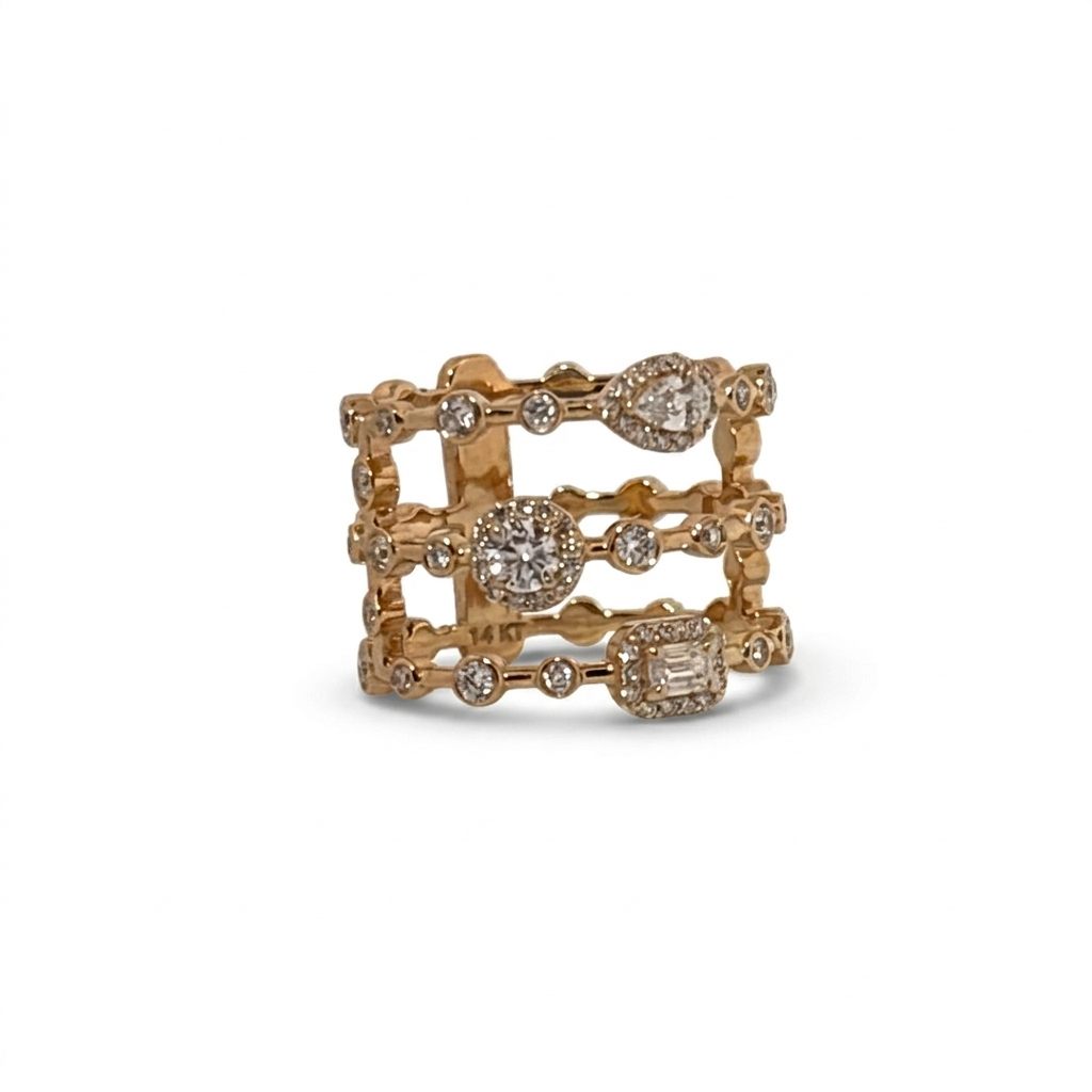14K Yellow Gold Women's Ring, set with lab grown diamonds 1 Pear (0.13ct, D, VVS1), 1 Round (E, VVS1), 1 Emerald (E, VVS1), plus 82 Round diamonds (1.08ct, E, VVS1), 5.25g.