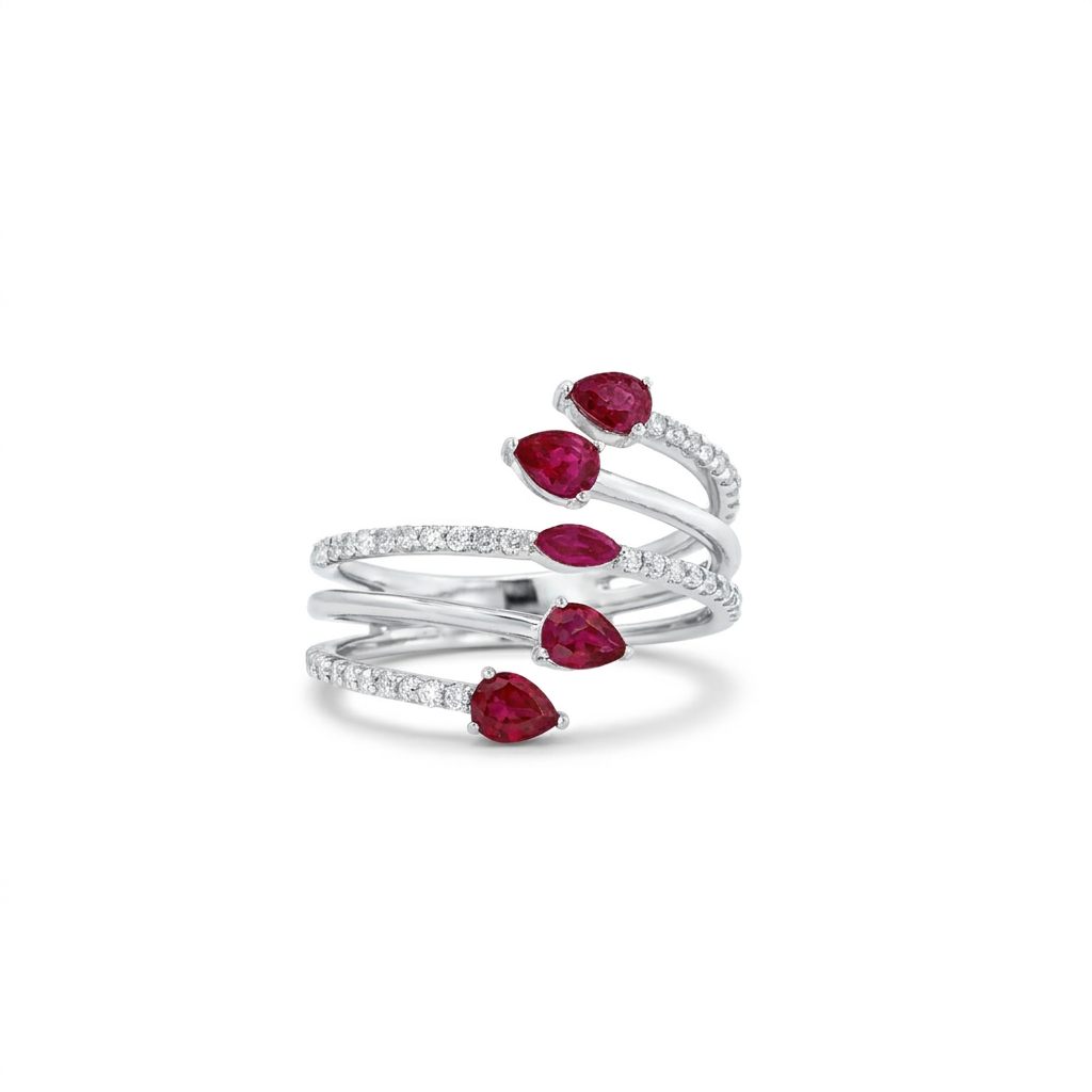 14K White Gold Ring, set with 5 Pear Pink Rubies (1ct total, Eye Clean) and 42 Round Diamonds (0.30ct total, E, VS1), Size 7.