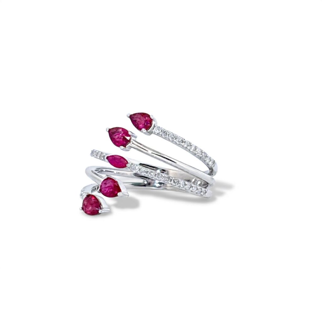 14K White Gold Ring, set with 5 Pear Pink Rubies (1ct total, Eye Clean) and 42 Round Diamonds (0.30ct total, E, VS1), Size 7.