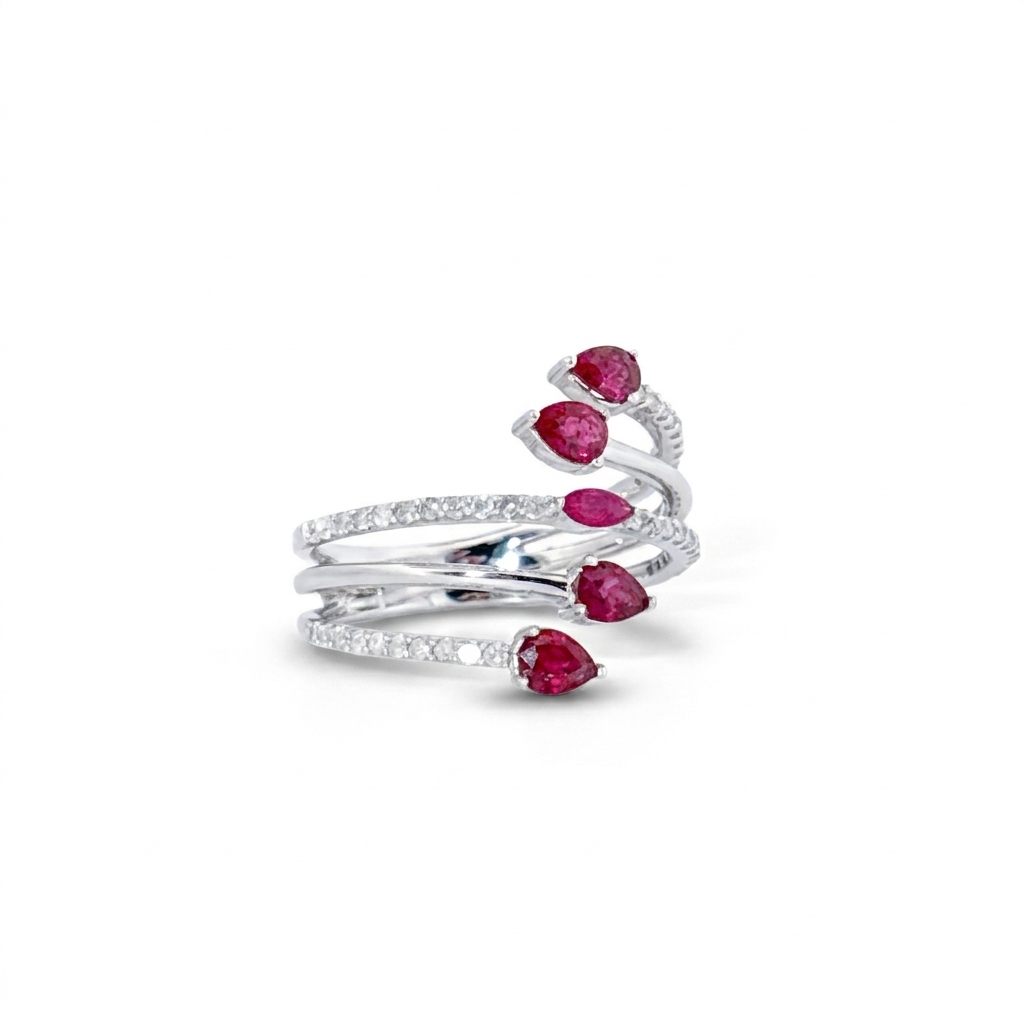 14K White Gold Ring, set with 5 Pear Pink Rubies (1ct total, Eye Clean) and 42 Round Diamonds (0.30ct total, E, VS1), Size 7.