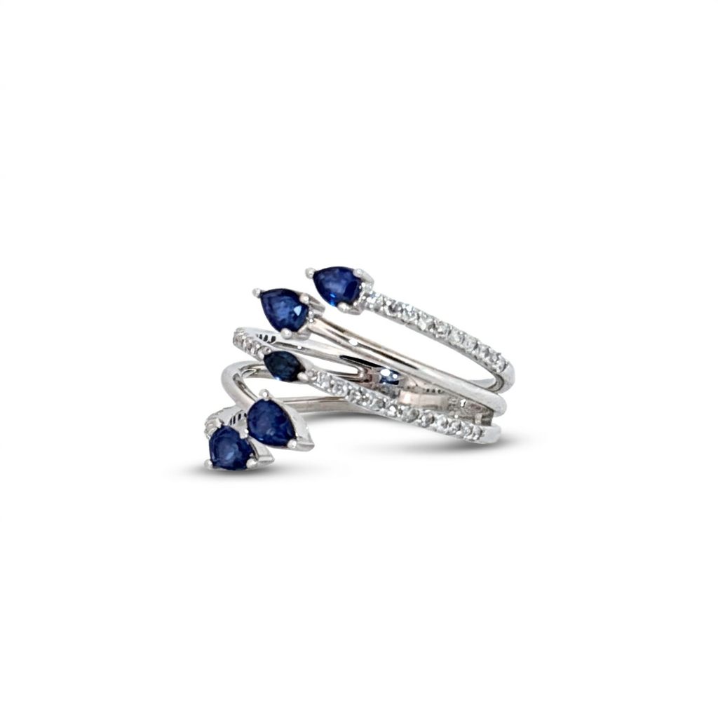 14K White Gold Female Ring, Size 7, set with 5 Pear-Shape Blue Sapphires (1ct total, Eye Clean) and 42 Round Diamonds (0.3ct total, E, VS1) in a spiral design.