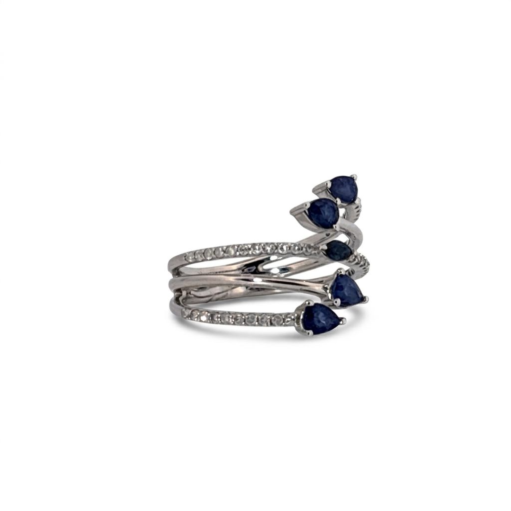 14K White Gold Female Ring, Size 7, set with 5 Pear-Shape Blue Sapphires (1ct total, Eye Clean) and 42 Round Diamonds (0.3ct total, E, VS1) in a spiral design.