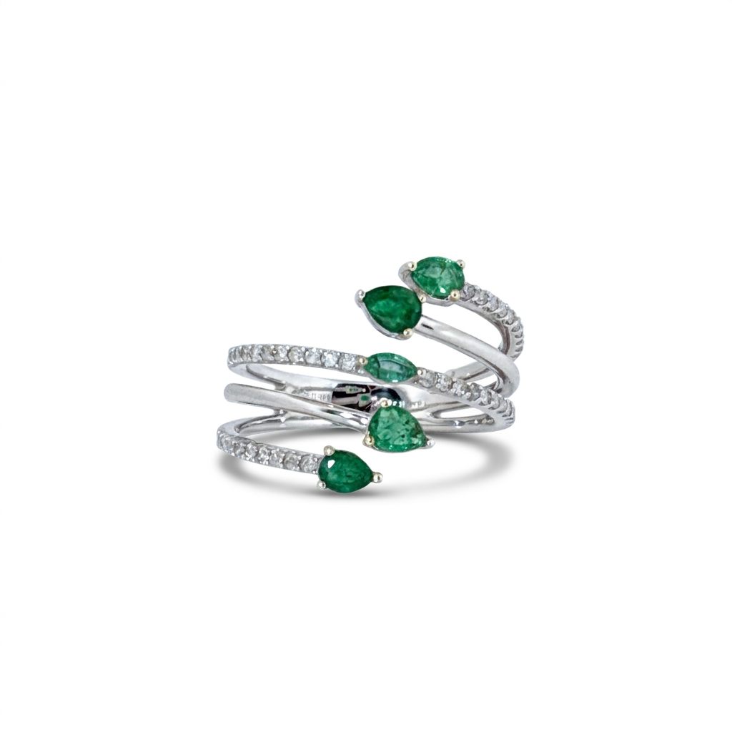 14K White Gold Wrap Ring, set with 5 Pear Emeralds (0.75ct, Green, Eye Clean) and 42 Round Diamonds (0.3ct, E, VS1), Size 7.