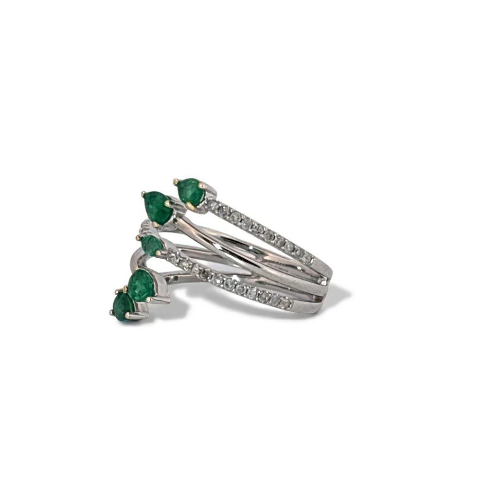 14K White Gold Wrap Ring, set with 5 Pear Emeralds (0.75ct, Green, Eye Clean) and 42 Round Diamonds (0.3ct, E, VS1), Size 7.