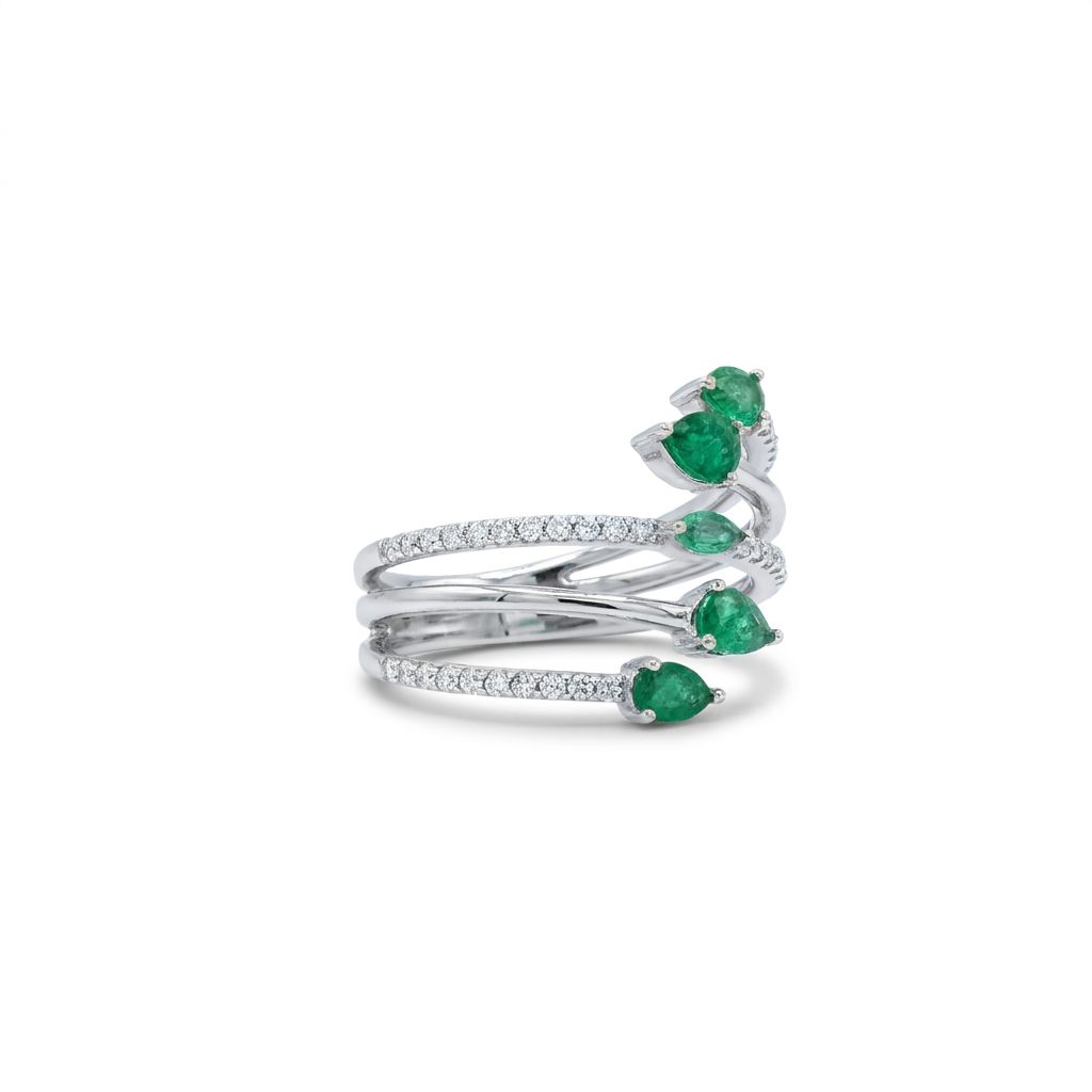 14K White Gold Wrap Ring, set with 5 Pear Emeralds (0.75ct, Green, Eye Clean) and 42 Round Diamonds (0.3ct, E, VS1), Size 7.
