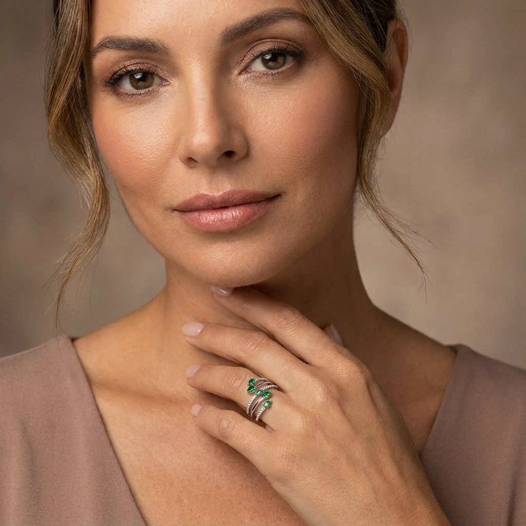 14K White Gold Wrap Ring, set with 5 Pear Emeralds (0.75ct, Green, Eye Clean) and 42 Round Diamonds (0.3ct, E, VS1), Size 7.
