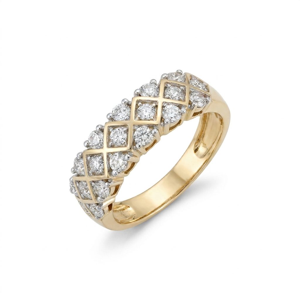 14K Yellow Gold Ring, set with 22 Round Diamonds (0.70ct total, F, VS1), Size 7.