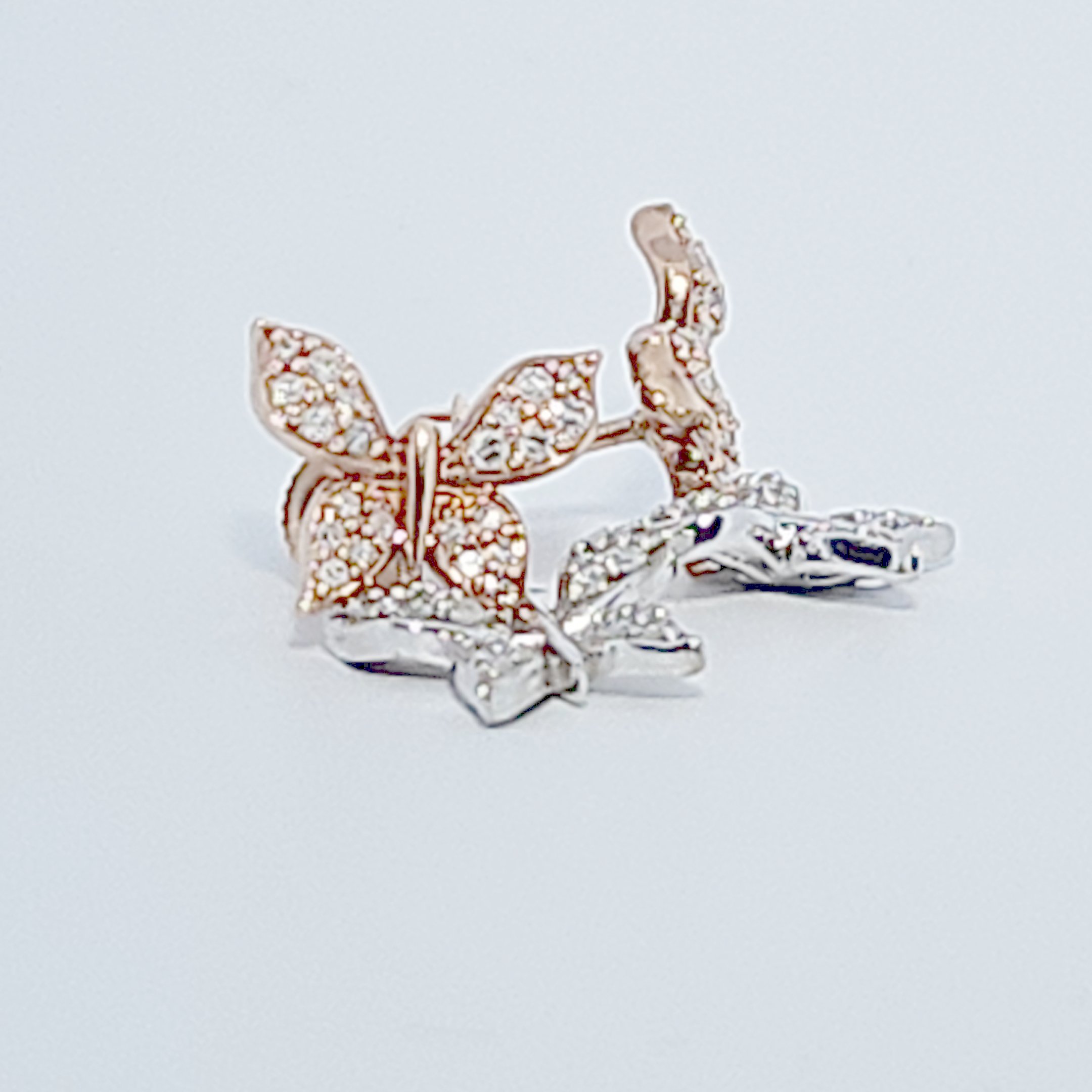 Double Butterfly Earring Studs , Natural Diamonds (0.33CTW), 10K White and Rose Gold