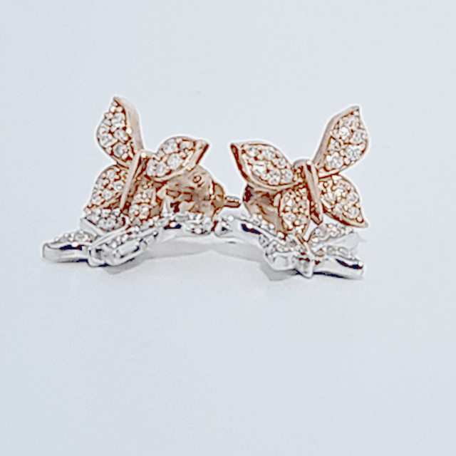 Double Butterfly Earring Studs , Natural Diamonds (0.33CTW), 10K White and Rose Gold