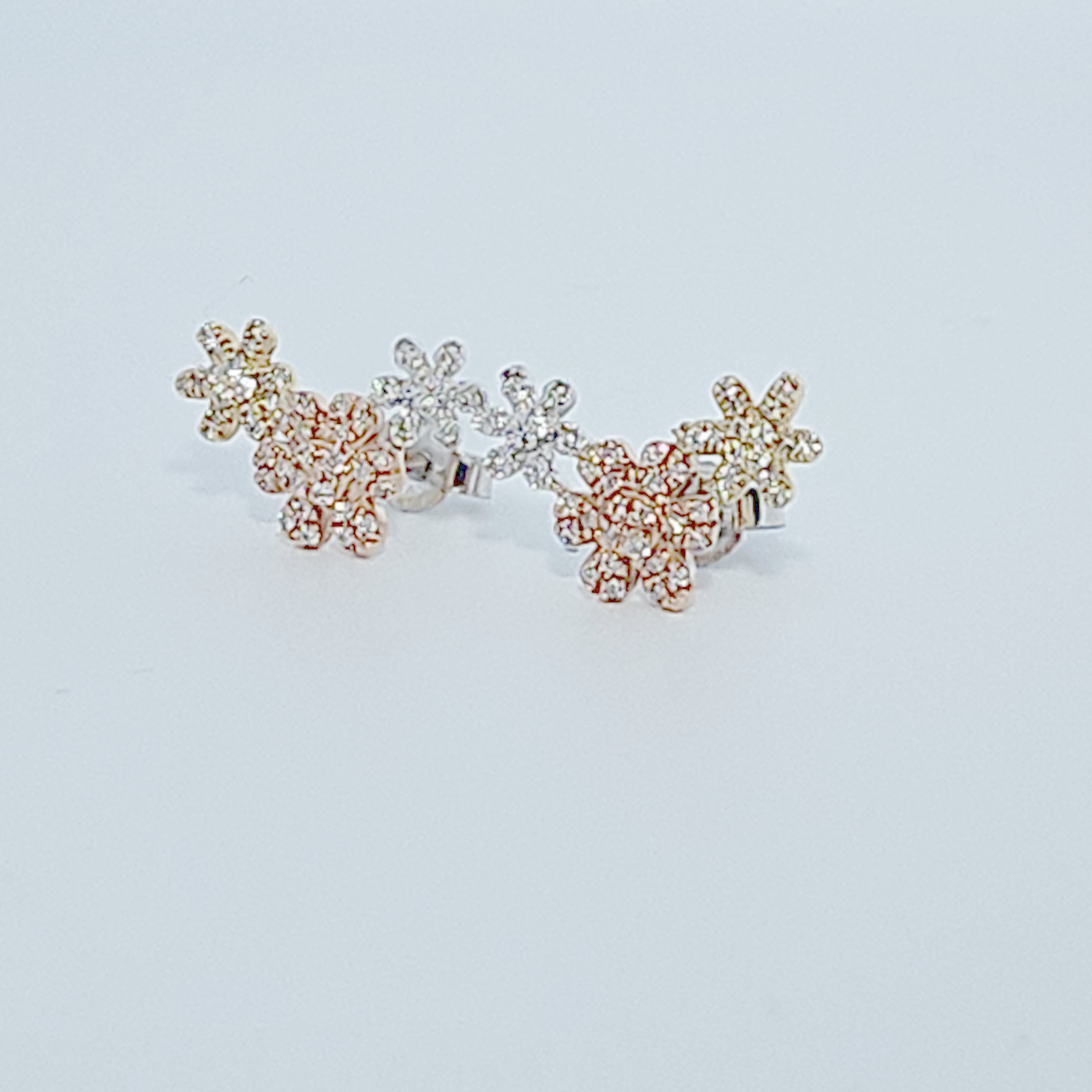 Natural Diamonds (0.252 CT) Three Tone Flower Earring Studs, 14K White/Rose/Yellow Gold