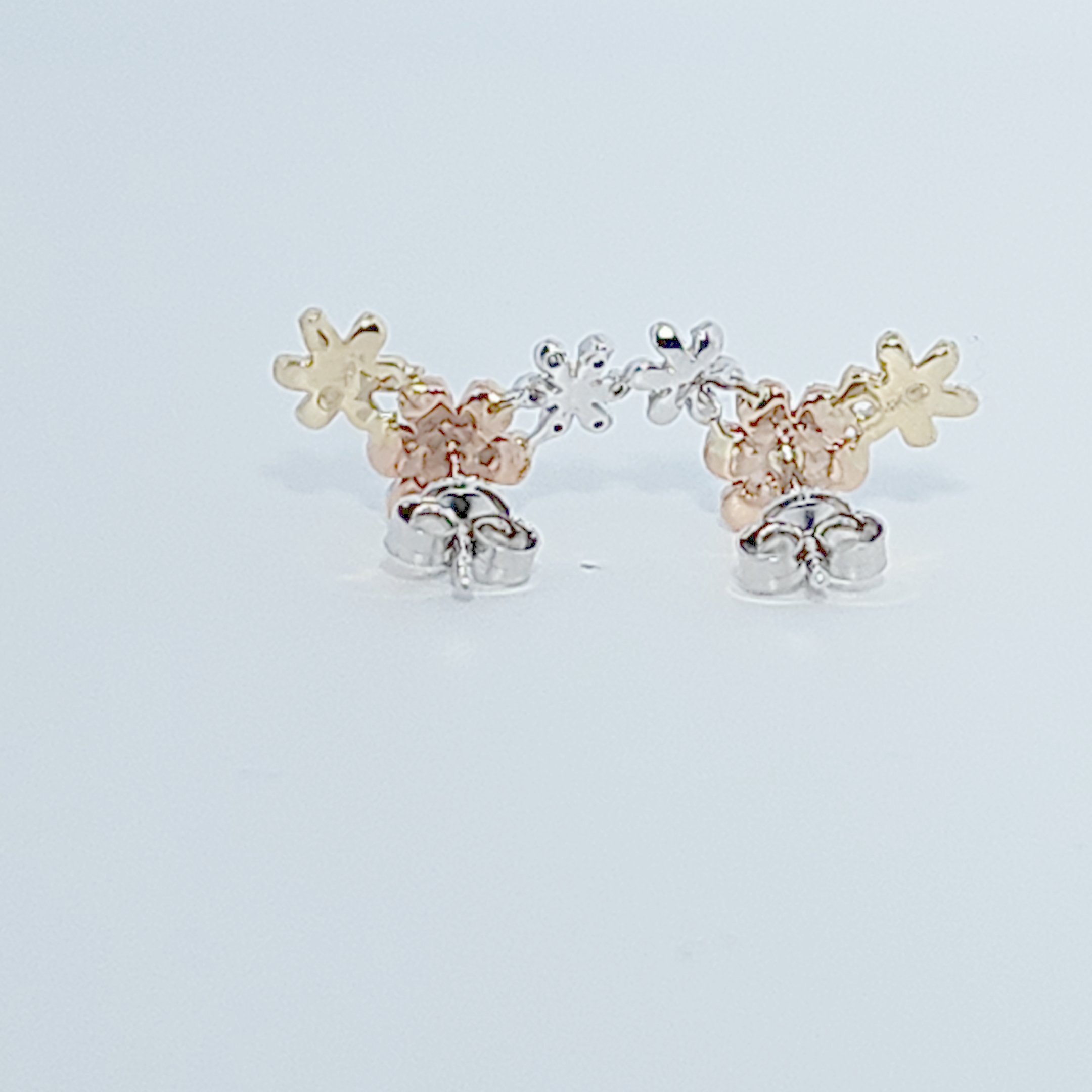 Natural Diamonds (0.252 CT) Three Tone Flower Earring Studs, 14K White/Rose/Yellow Gold