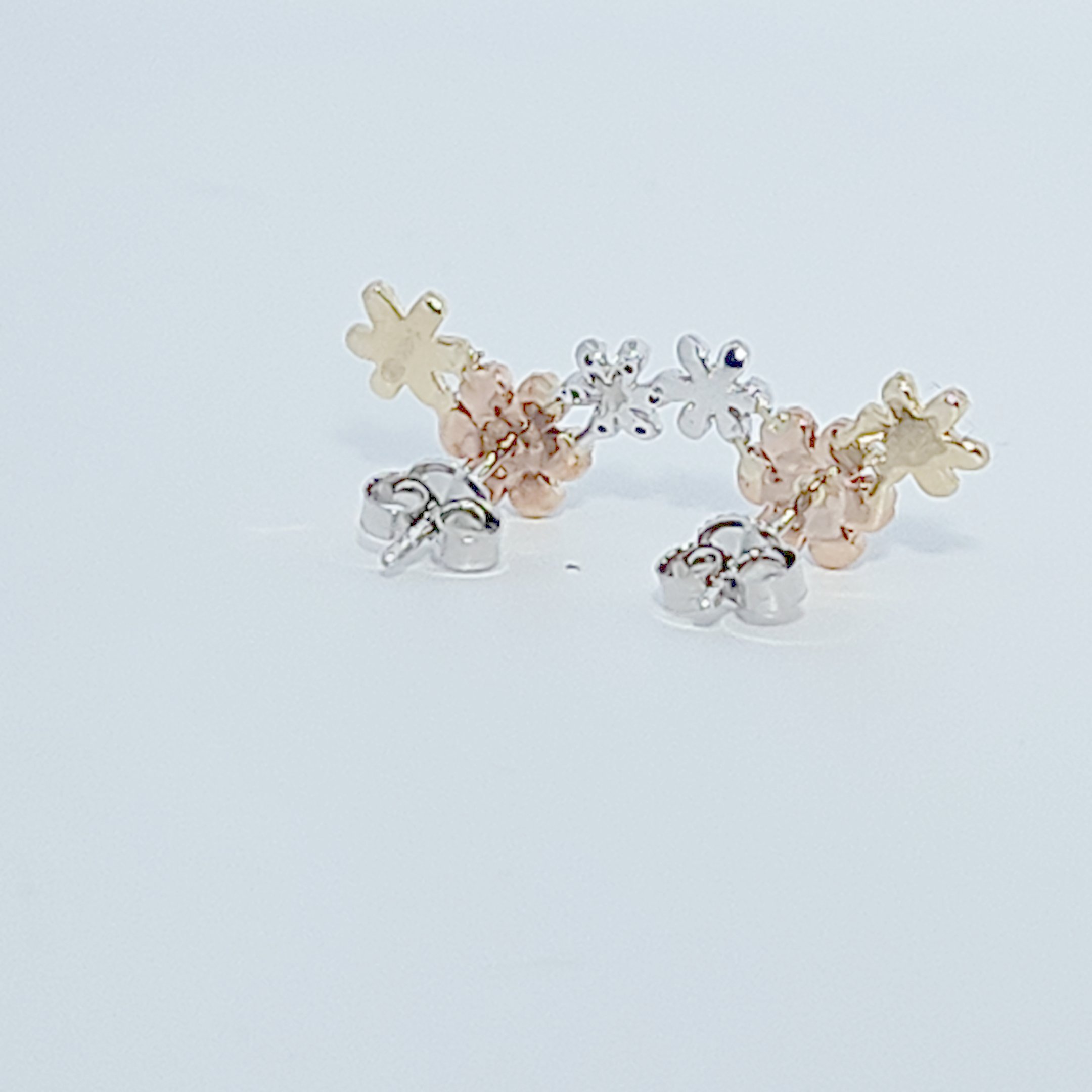 Natural Diamonds (0.252 CT) Three Tone Flower Earring Studs, 14K White/Rose/Yellow Gold
