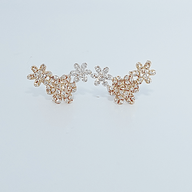 Natural Diamonds (0.252 CT) Three Tone Flower Earring Studs, 14K White/Rose/Yellow Gold