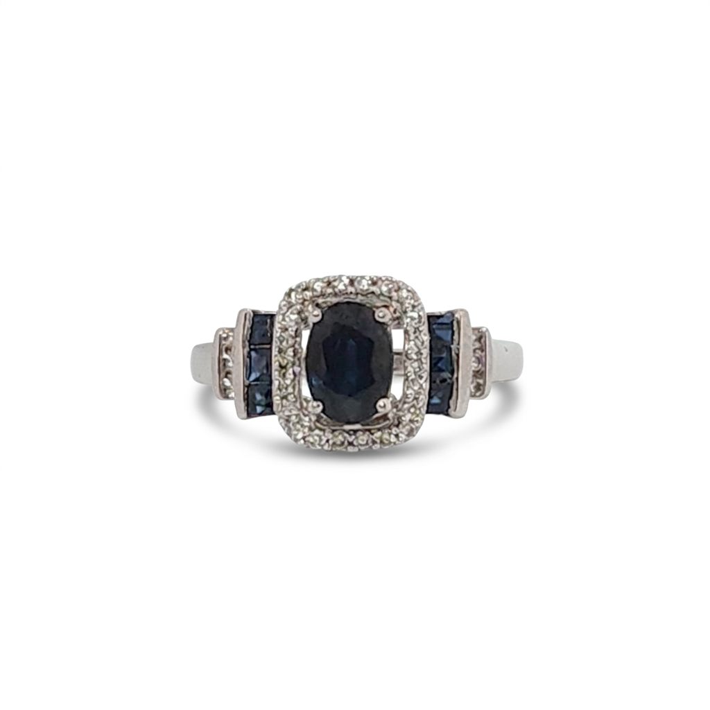 Natural Sapphire and 0.35ct Natural Diamonds Women Ring, 14K White Gold
