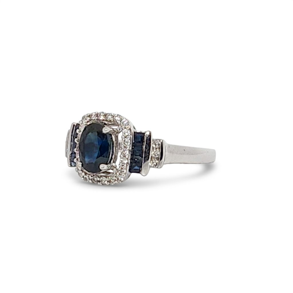 Natural Sapphire and 0.35ct Natural Diamonds Women Ring, 14K White Gold