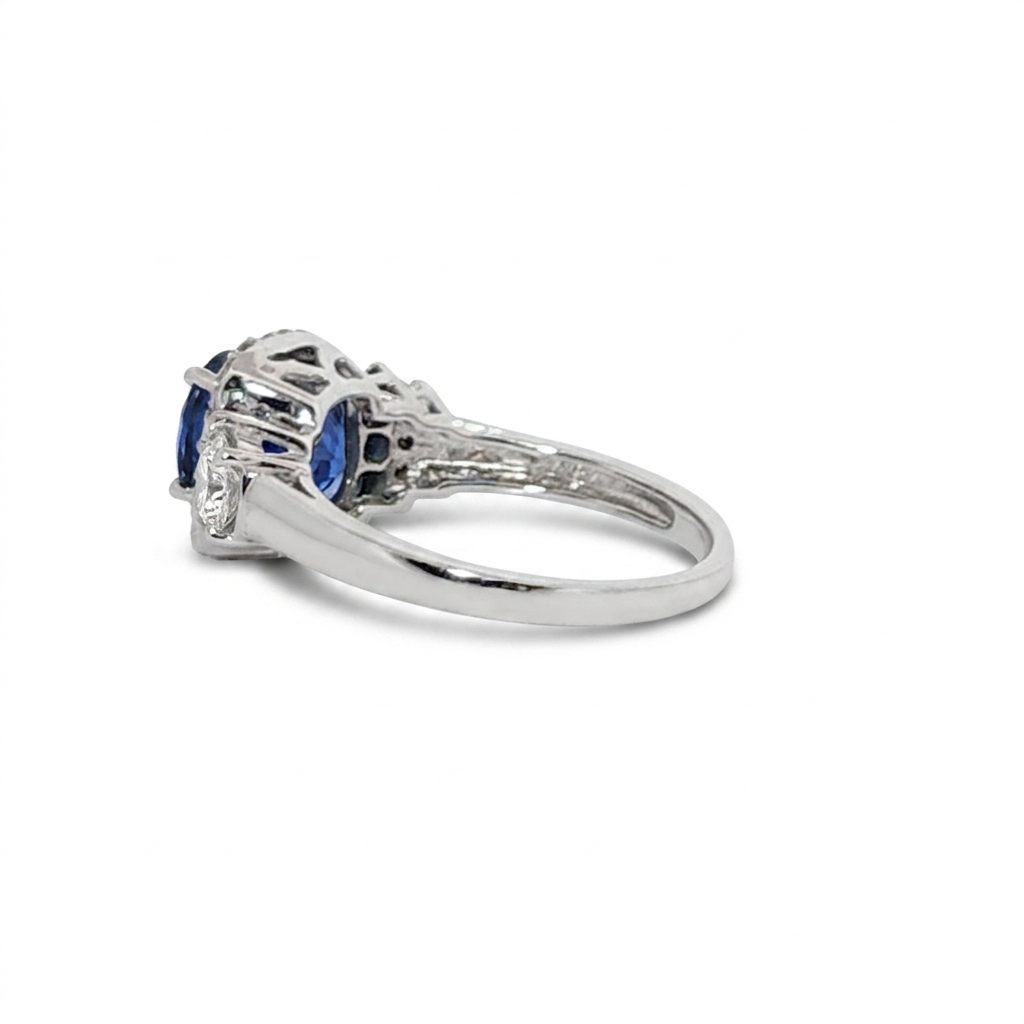 Natural Sapphire and 0.35ct Natural Diamonds Women Ring, 14K White Gold