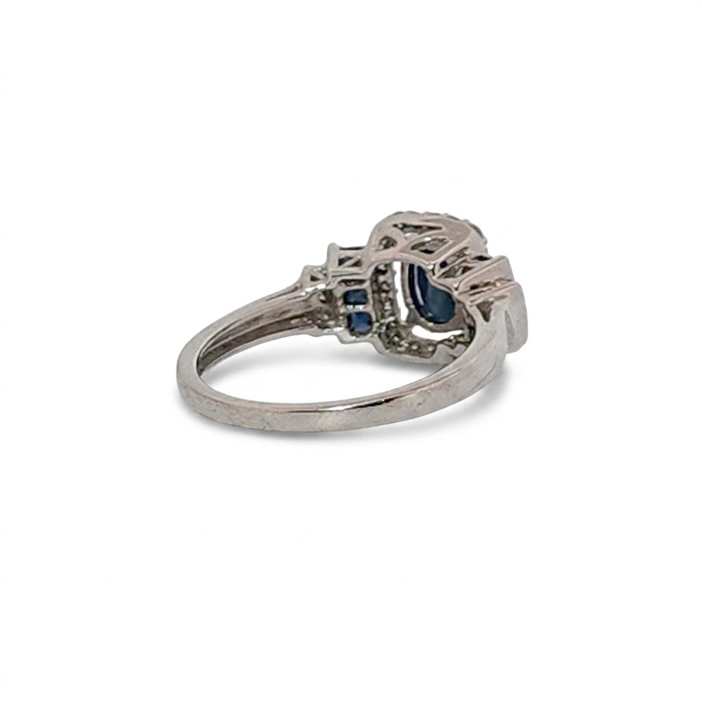 Natural Sapphire and 0.35ct Natural Diamonds Women Ring, 14K White Gold