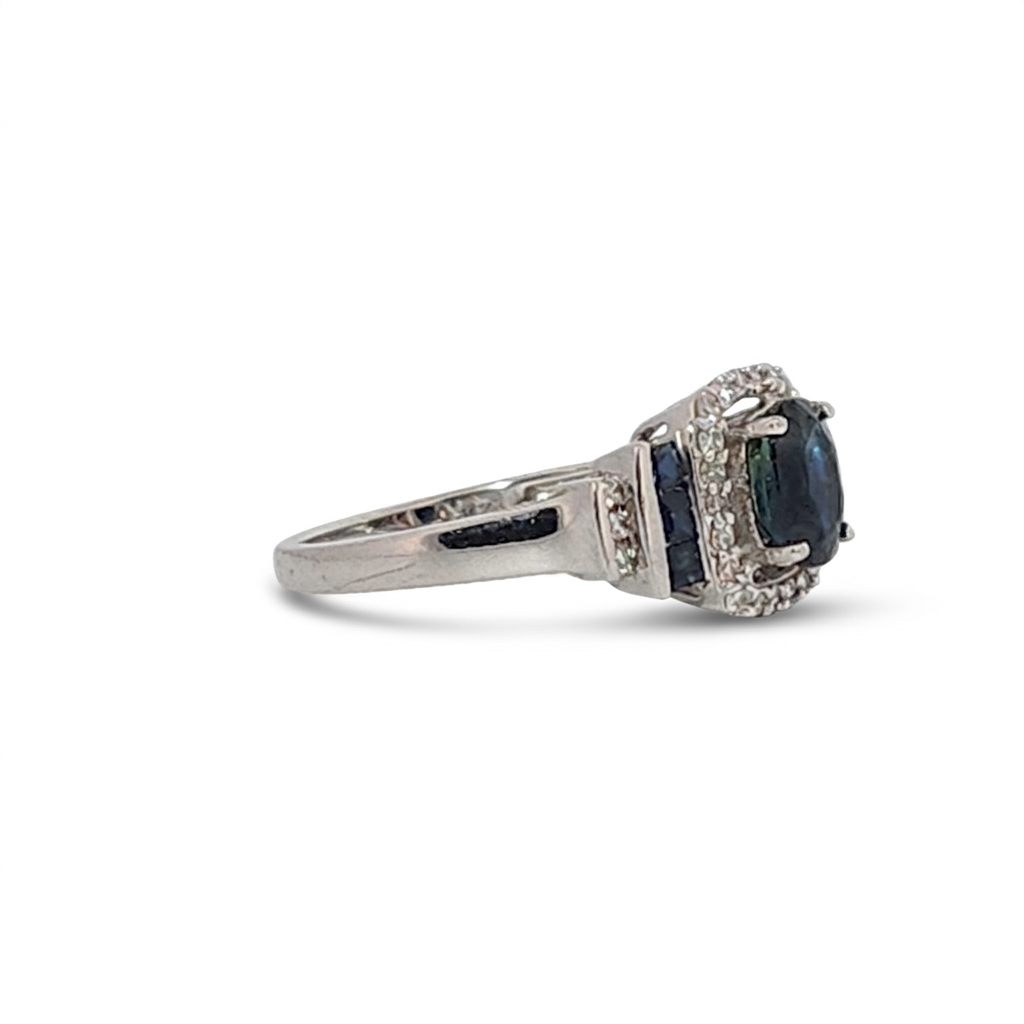 Natural Sapphire and 0.35ct Natural Diamonds Women Ring, 14K White Gold