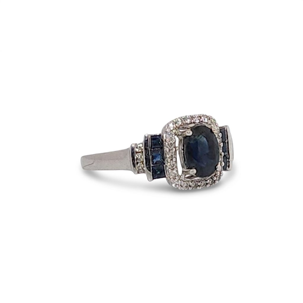 Natural Sapphire and 0.35ct Natural Diamonds Women Ring, 14K White Gold