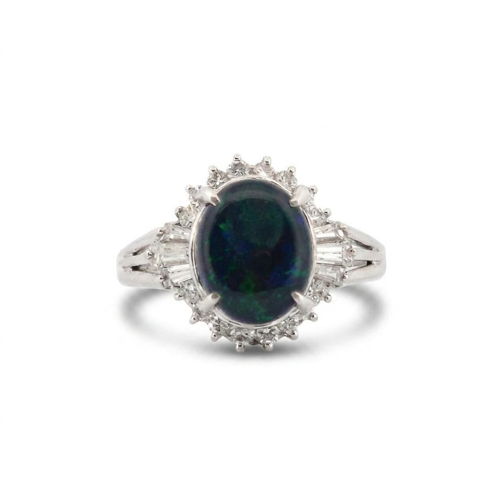 0.40ct Natural Diamonds, with 2.60ct Natural Black Opal, Women Ring, Platinum 850