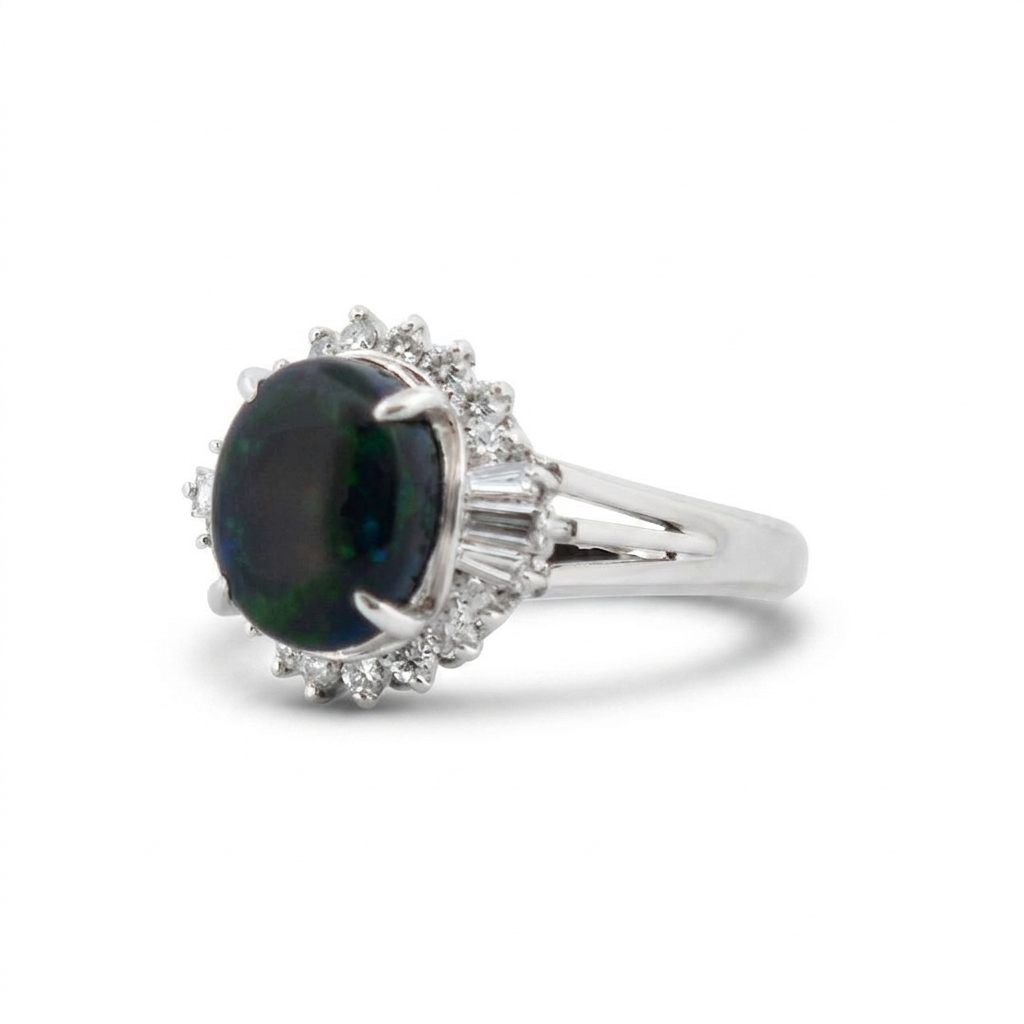 0.40ct Natural Diamonds, with 2.60ct Natural Black Opal, Women Ring, Platinum 850