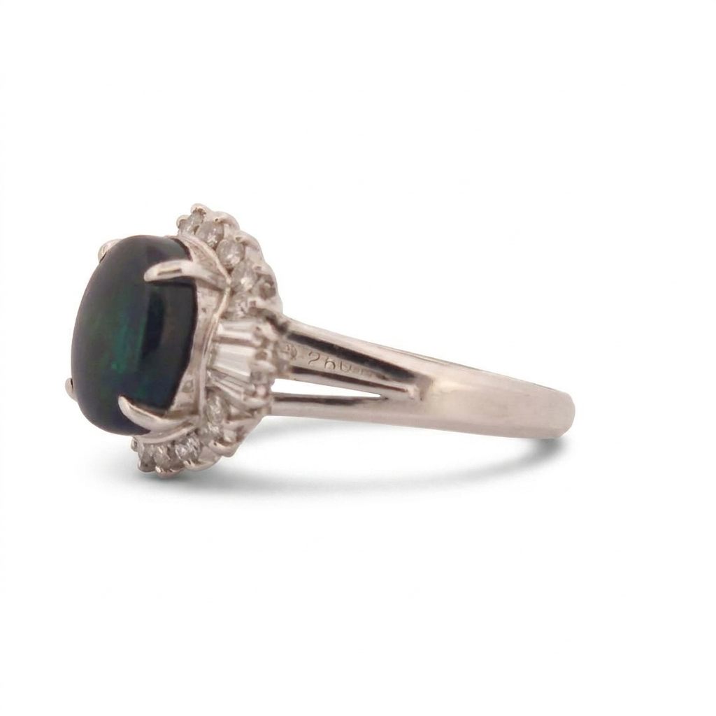0.40ct Natural Diamonds, with 2.60ct Natural Black Opal, Women Ring, Platinum 850