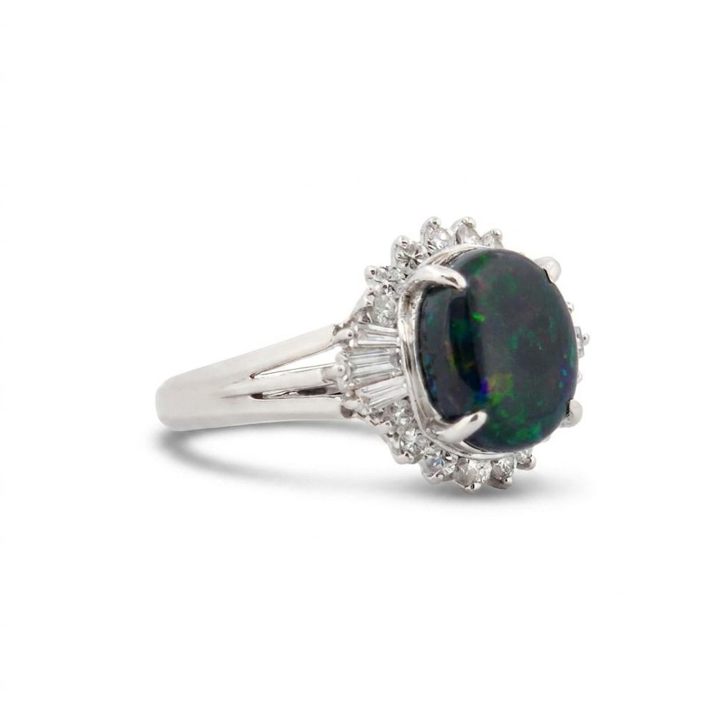 0.40ct Natural Diamonds, with 2.60ct Natural Black Opal, Women Ring, Platinum 850