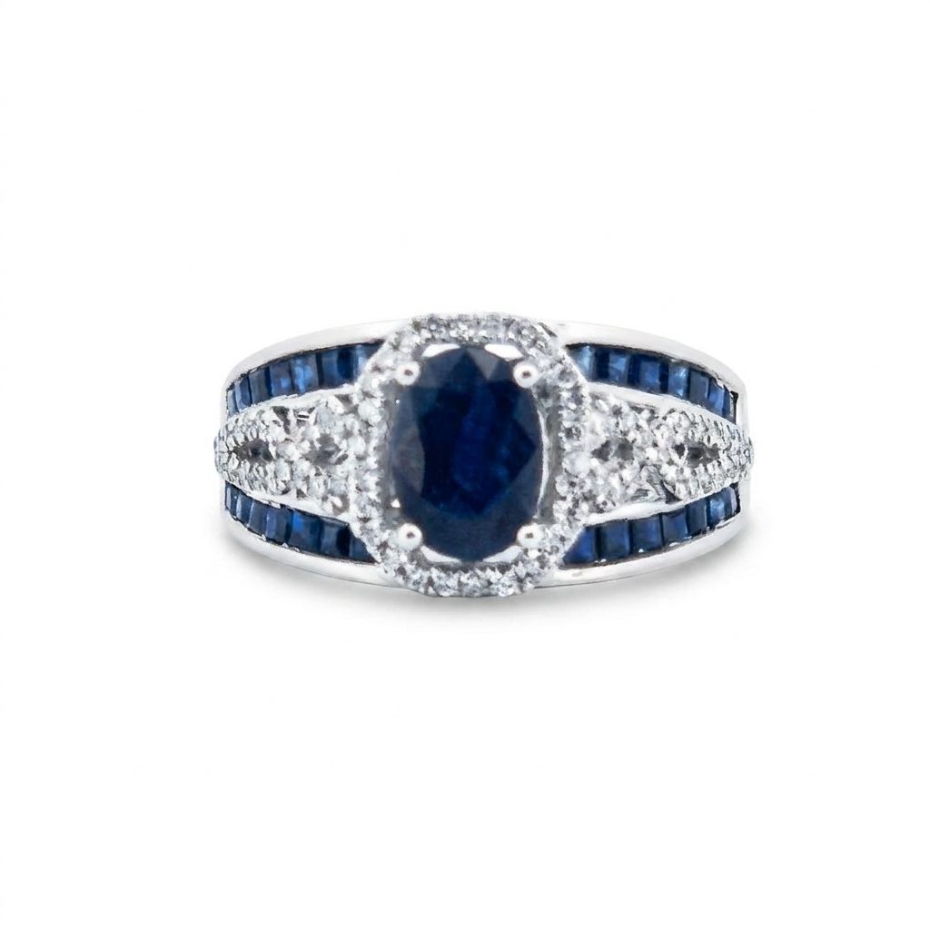 0.31ct Natural Diamonds, with 2.76ct Natural Sapphire, EFFY Designer Women Ring, 14K White Gold