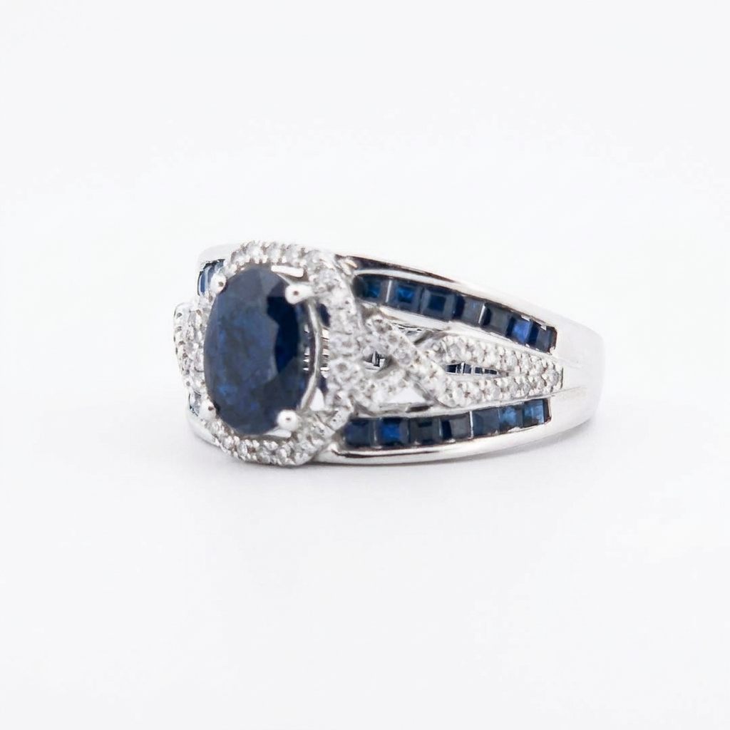 0.31ct Natural Diamonds, with 2.76ct Natural Sapphire, EFFY Designer Women Ring, 14K White Gold