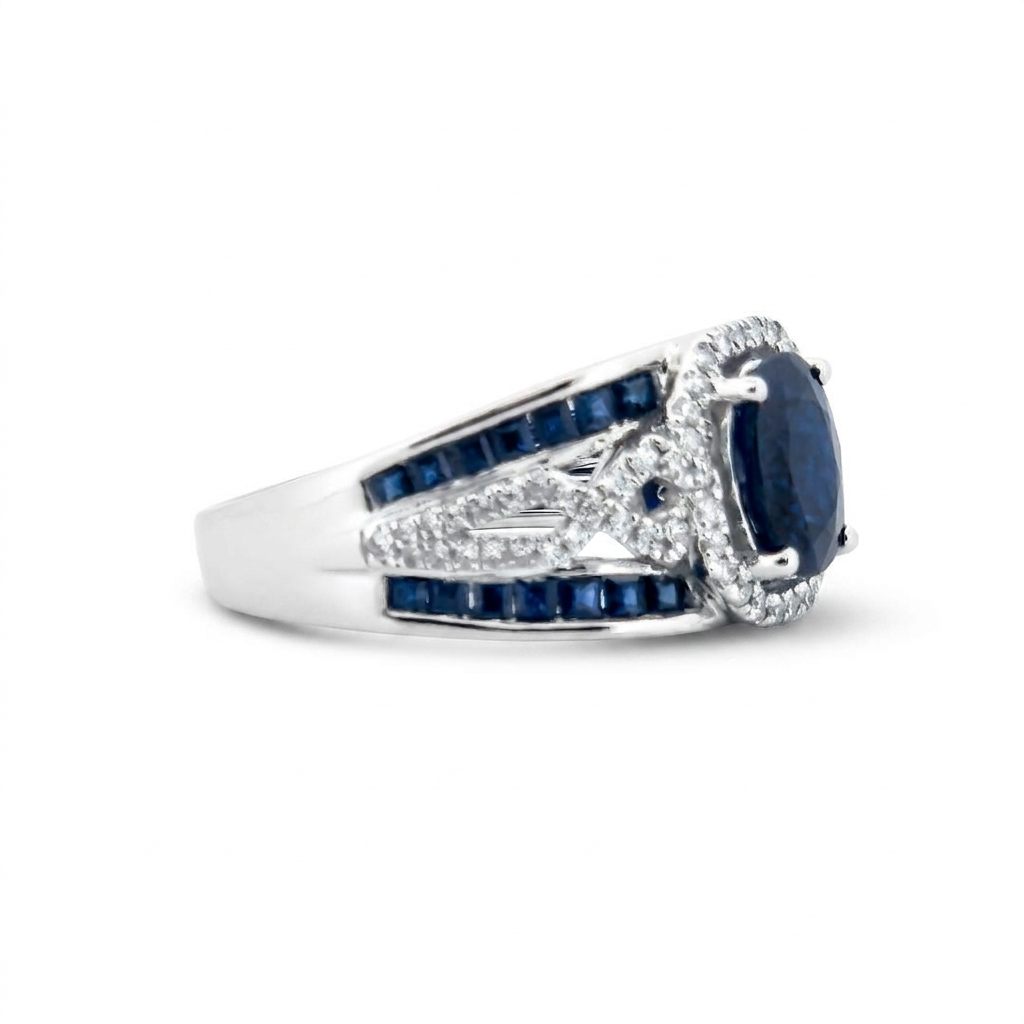 0.31ct Natural Diamonds, with 2.76ct Natural Sapphire, EFFY Designer Women Ring, 14K White Gold