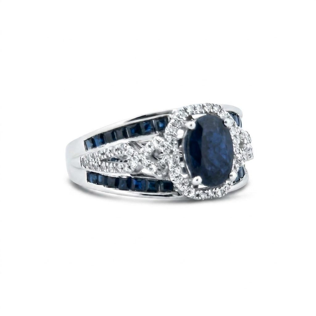 0.31ct Natural Diamonds, with 2.76ct Natural Sapphire, EFFY Designer Women Ring, 14K White Gold