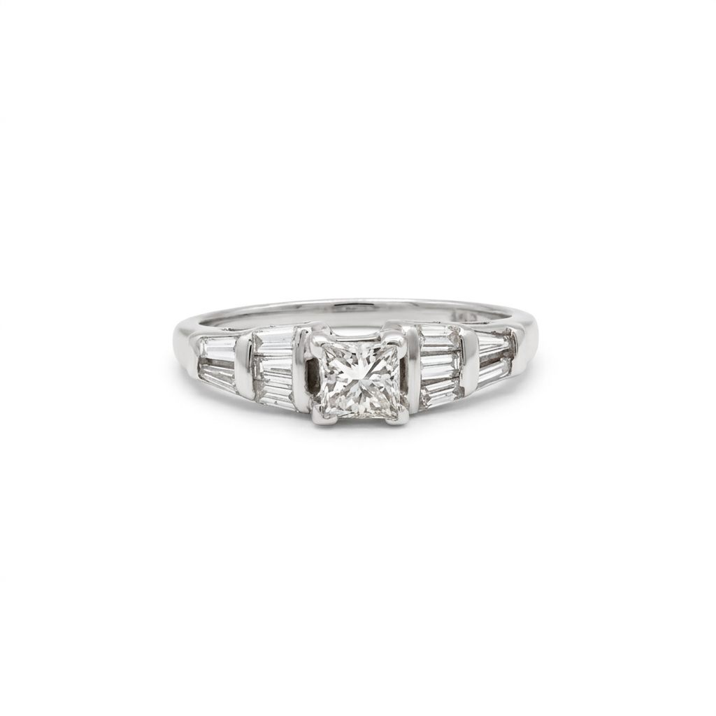 14K White Gold Engagement Ring, set with 1 Princess Diamond (0.50ct, H, VS2) and 12 Baguette Diamonds (0.25ct total, H, VS2), Size 8.00.
