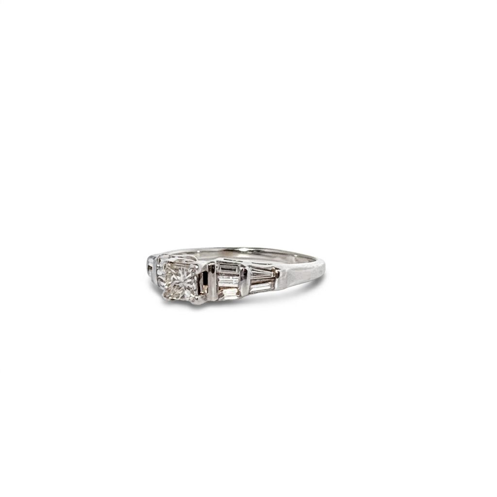 14K White Gold Engagement Ring, set with 1 Princess Diamond (0.50ct, H, VS2) and 12 Baguette Diamonds (0.25ct total, H, VS2), Size 8.00.