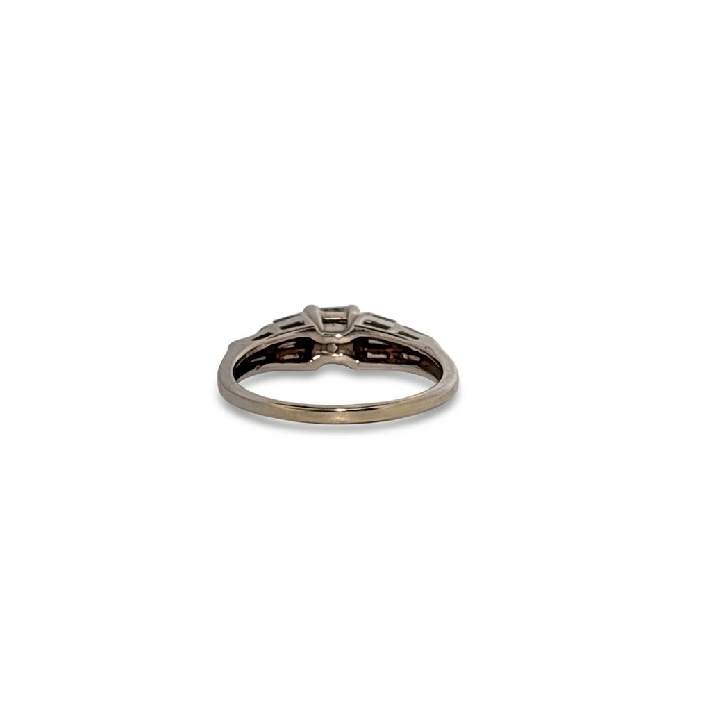 14K White Gold Engagement Ring, set with 1 Princess Diamond (0.50ct, H, VS2) and 12 Baguette Diamonds (0.25ct total, H, VS2), Size 8.00.