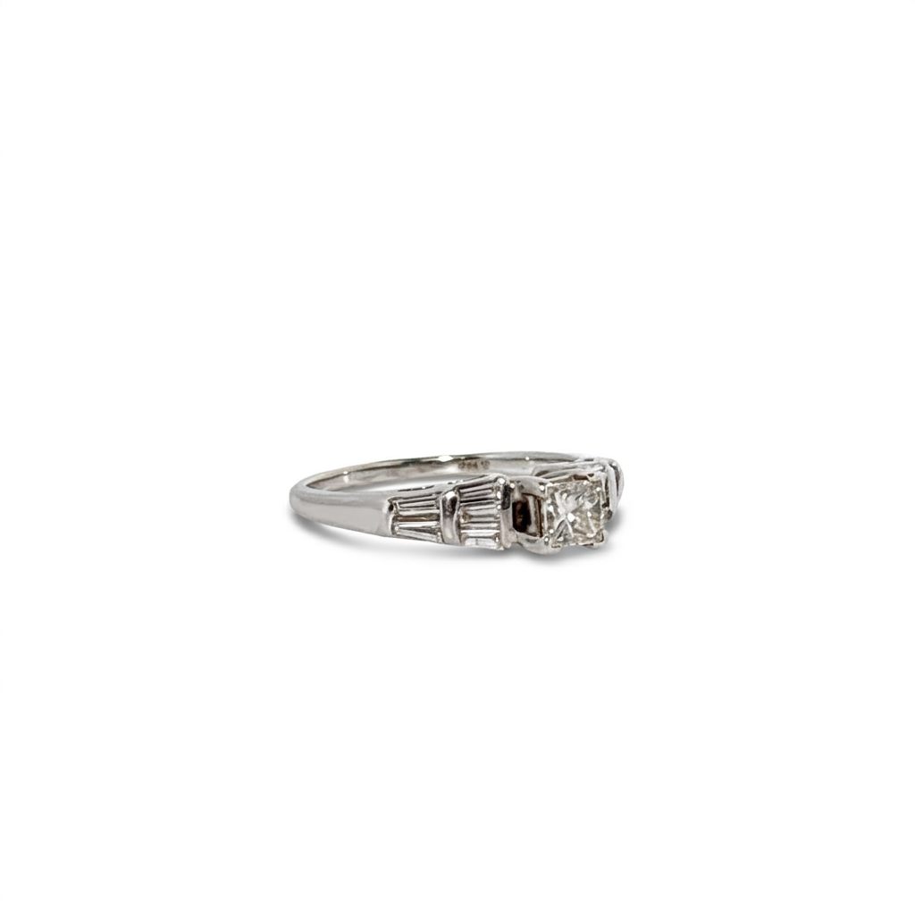 14K White Gold Engagement Ring, set with 1 Princess Diamond (0.50ct, H, VS2) and 12 Baguette Diamonds (0.25ct total, H, VS2), Size 8.00.