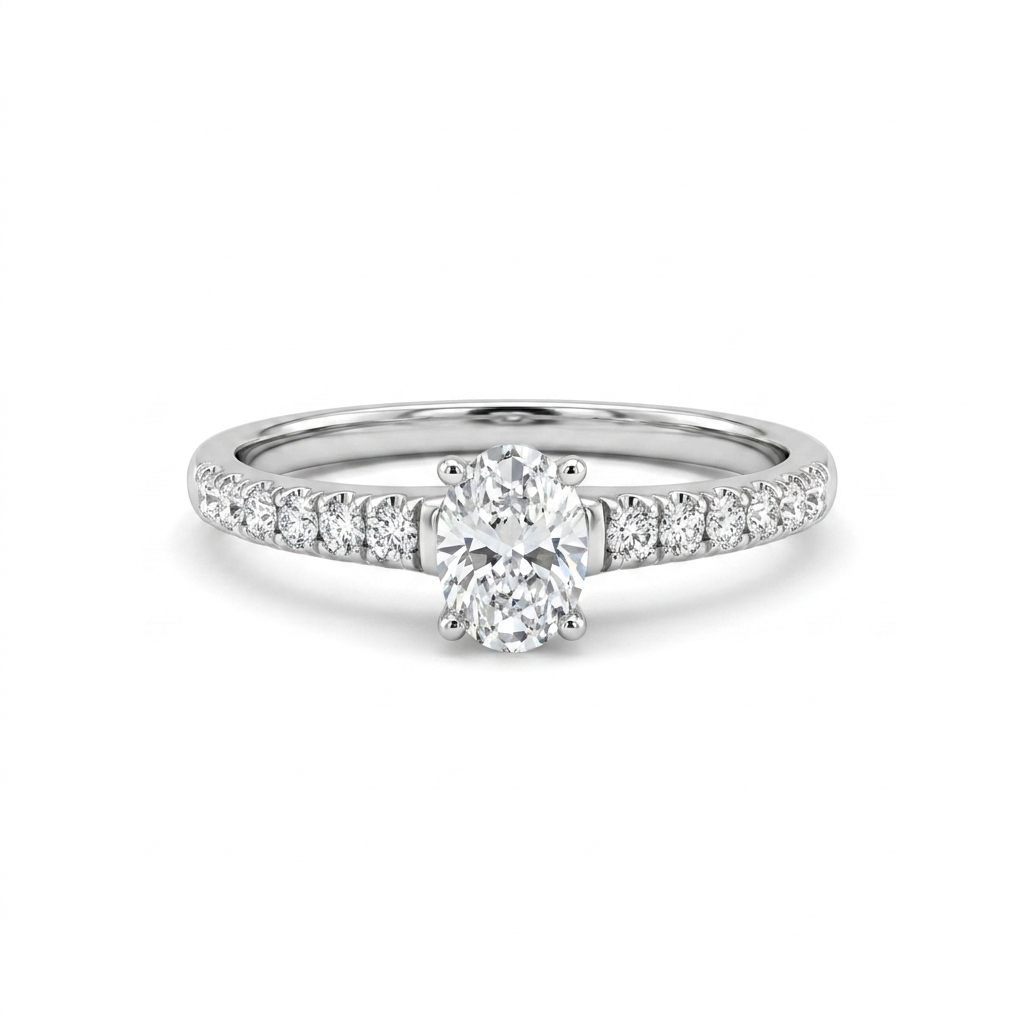 14K White Gold Engagement Ring, set with 1 Oval Diamond (0.52ct, E, SI) and 12 Round Diamonds (total 0.25ct)