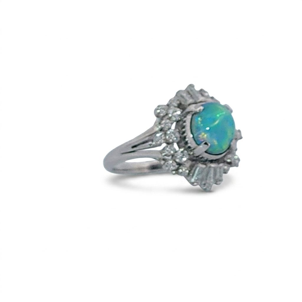 Cabochon Fire Opal 1.62ct with 0.73ctw Diamonds Ring, Platinum 900