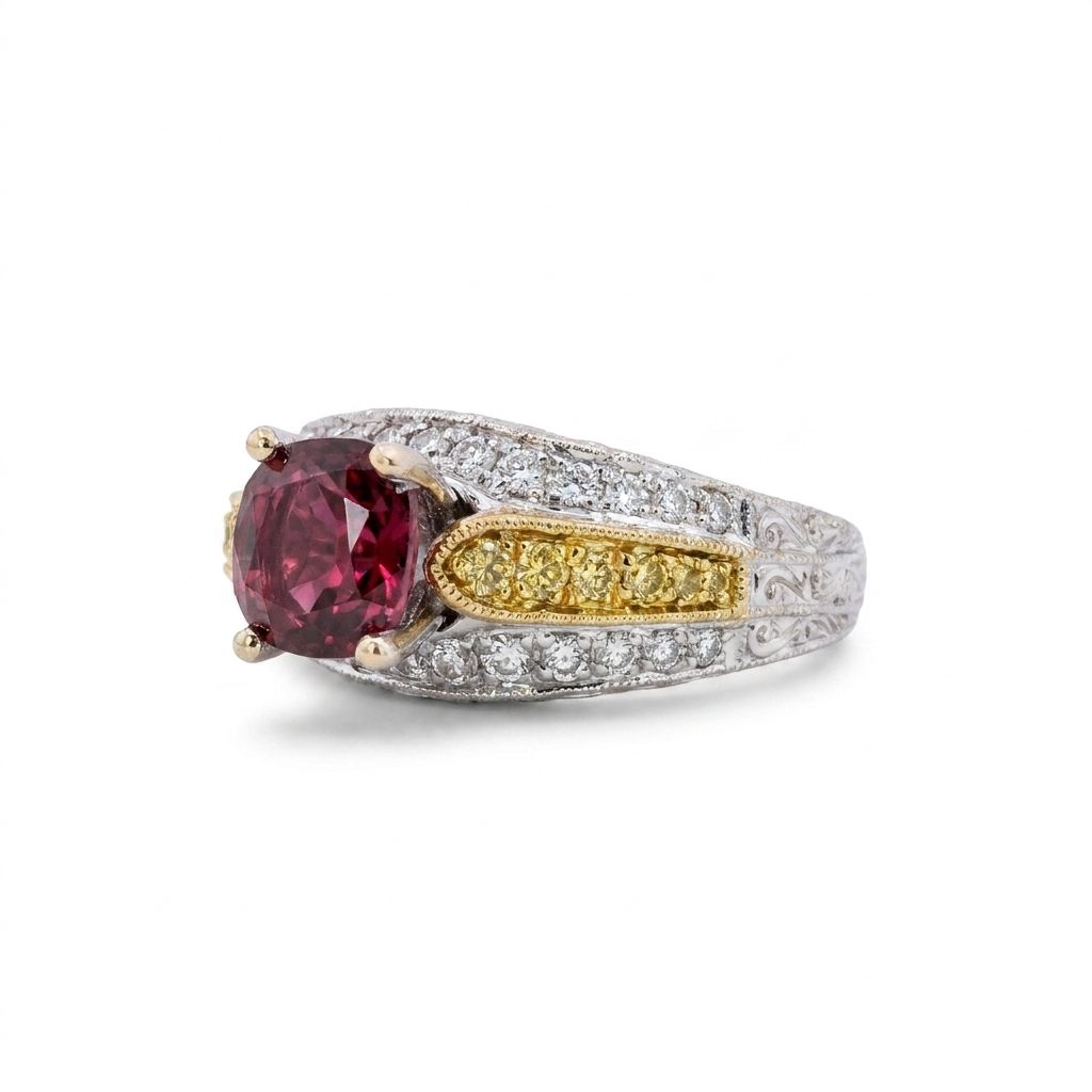 18K Dual White/Yellow Gold Engagement Ring, set with 1 Cushion Red Spinel (1.45ct, Loupe Clean), 12 Round Yellow Diamonds (0.12ct total, VS2), and 26 Round E Colorless Diamonds (0.20ct total, VS2). GIA-5231573527